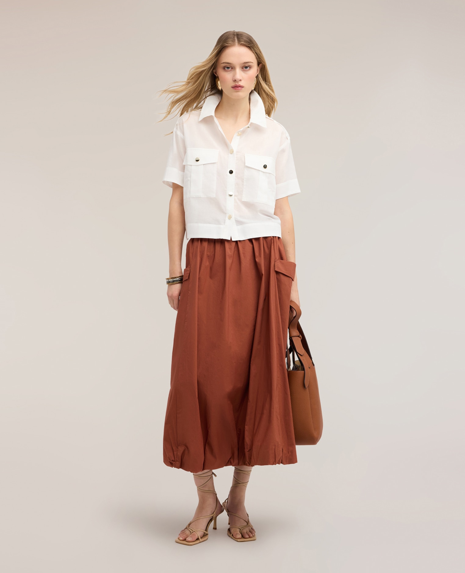 Camisa de mujer de muselina con bolsillos ajuste boxy cuello clásico con cierre frontal de botones metálicos - Motivi - Blanco Blanco-3