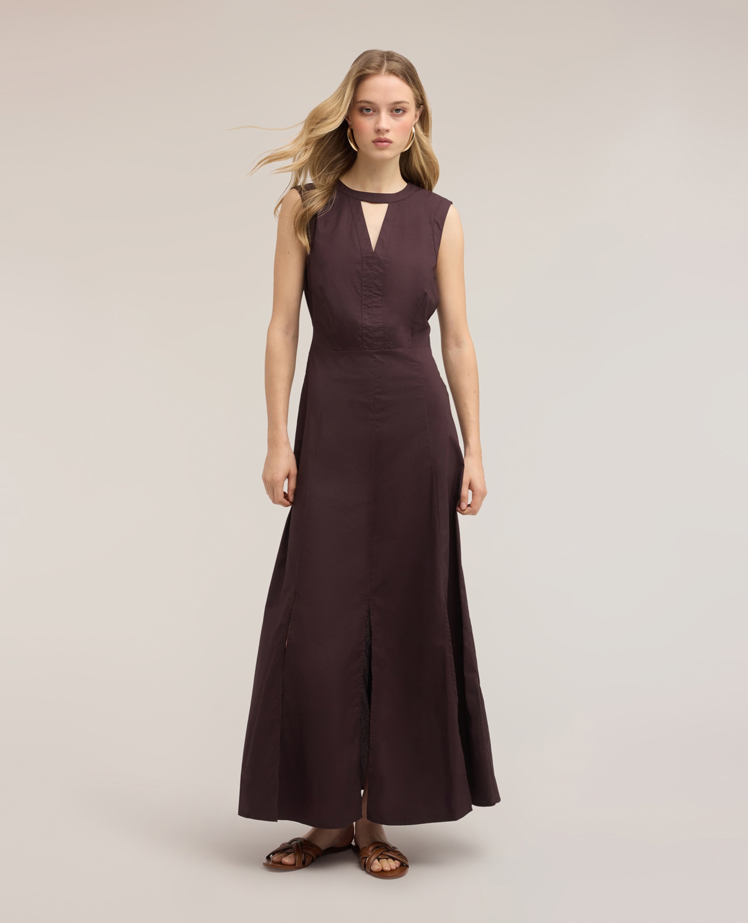 Vestido línea a en popelín cierre con cremallera trasera falda larga acampanada - Motivi - Marrón Marrón-1