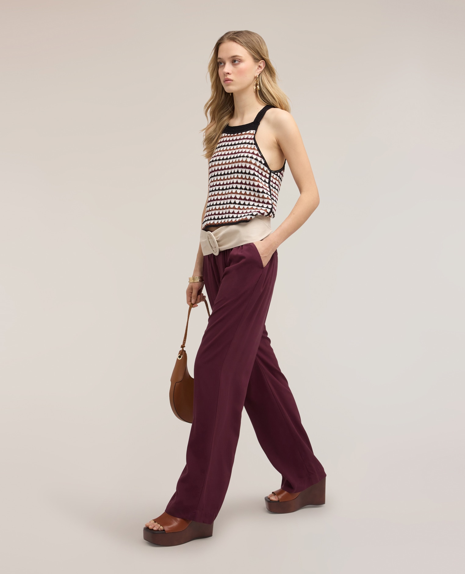 Pantalones de mujer palazzo de viscosa con cintura elástica ajuste regular cinturón con banda elástica en la cintura - Motivi - Morado Morado-1