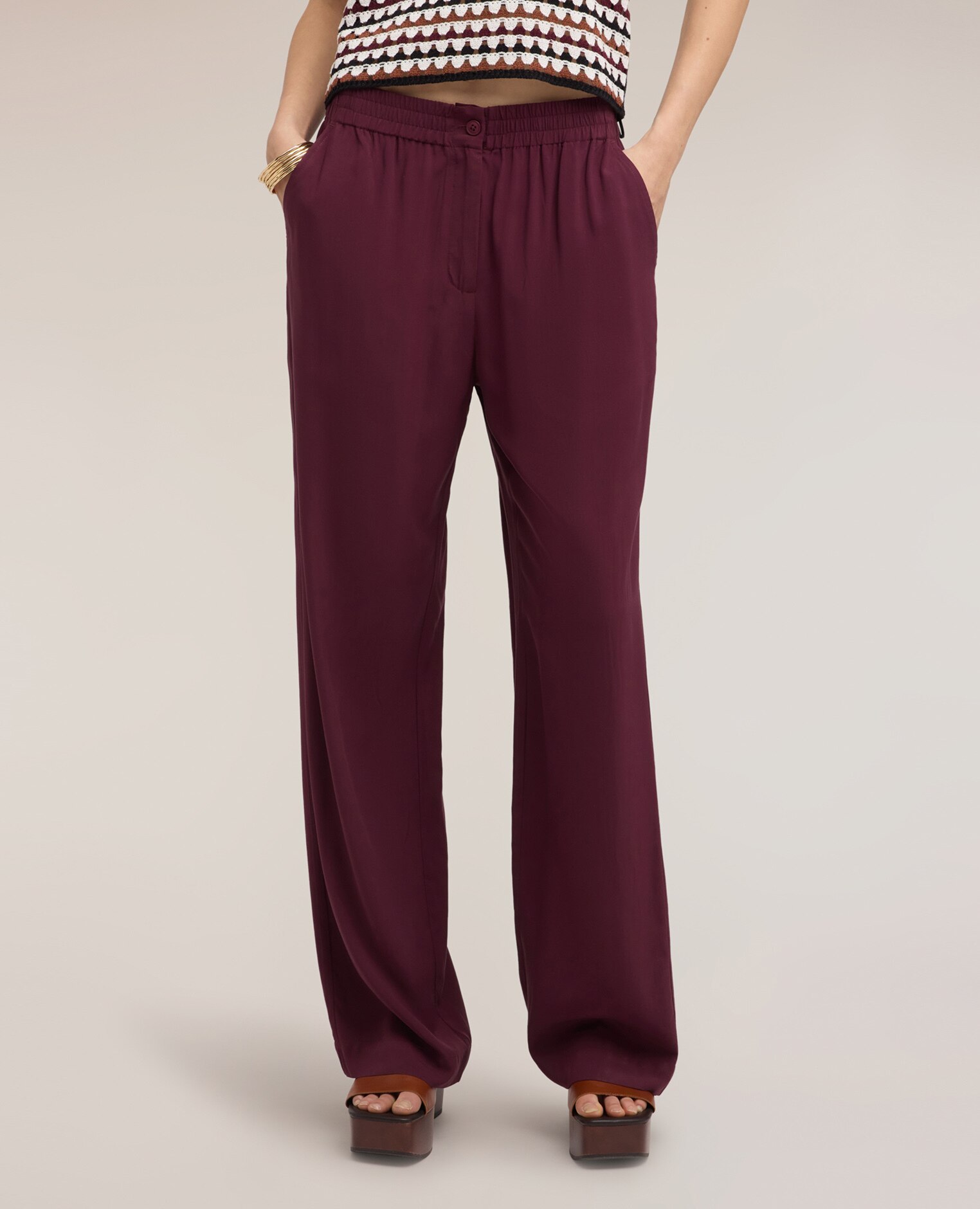 Pantalones de mujer palazzo de viscosa con cintura elástica ajuste regular cinturón con banda elástica en la cintura - Motivi - Morado Morado-3