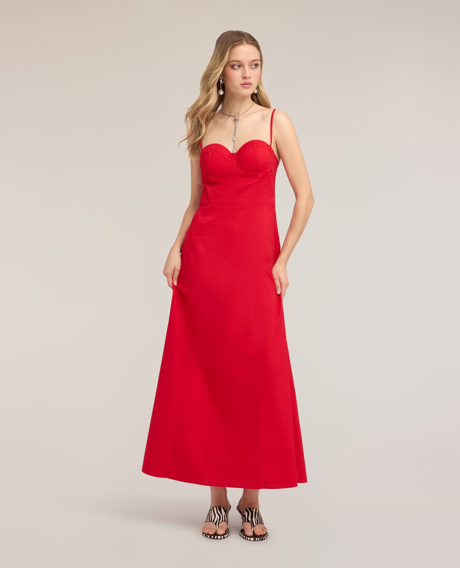 Vestido largo de línea a en popelín con bustier línea en a con cierre de cremallera - Motivi - Rojo Rojo-1