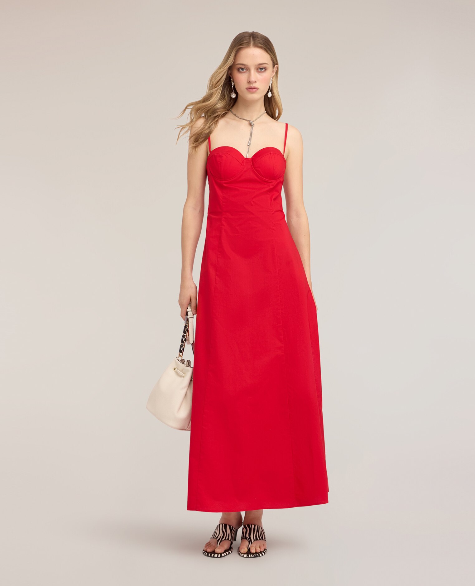 Vestido largo de línea a en popelín con bustier línea en a con cierre de cremallera - Motivi - Rojo Rojo-3