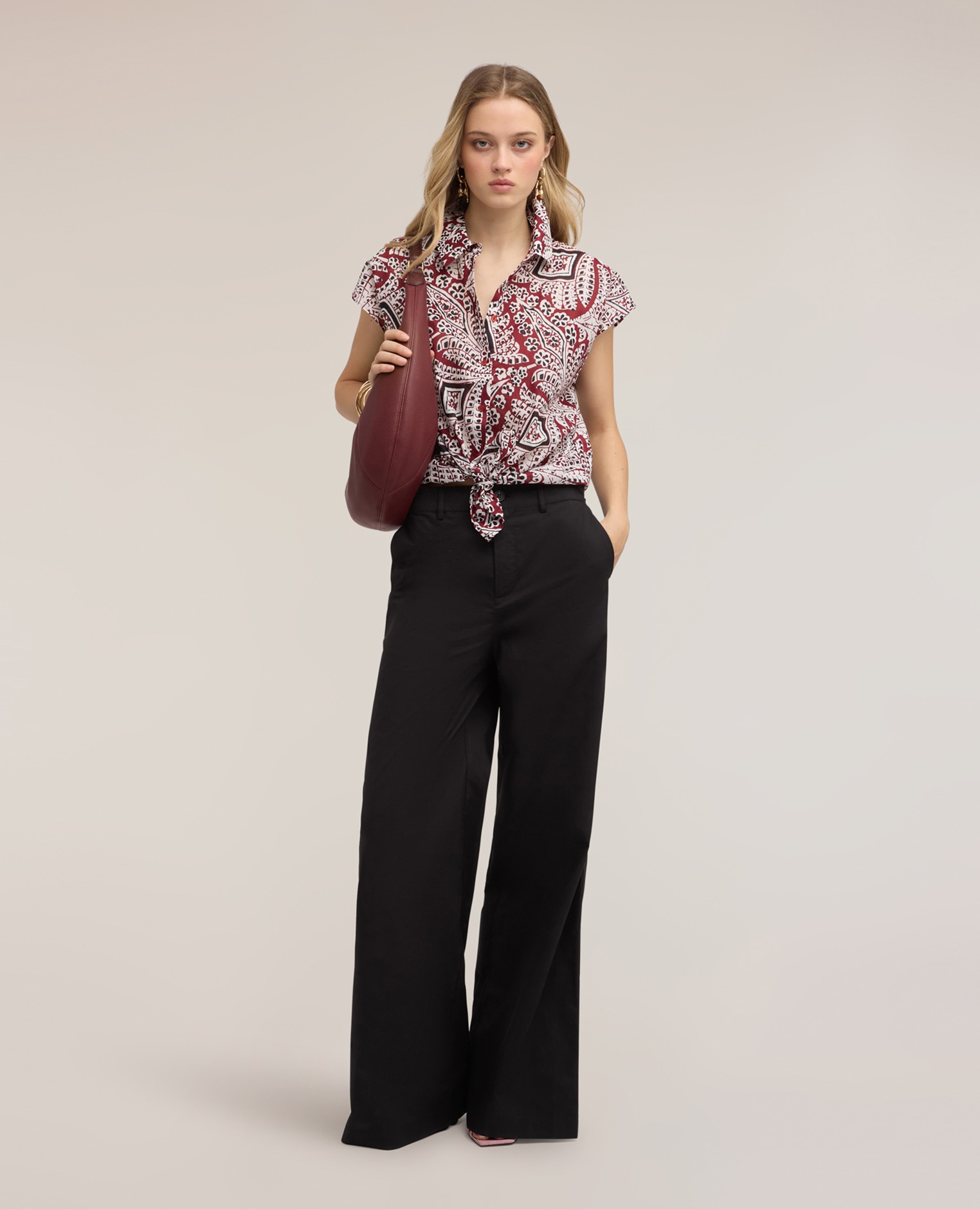 Pantalones de mujer palazzo de popelina de algodón ajuste regular apertura frontal con botón y cremallera - Motivi - Negro Negro-1