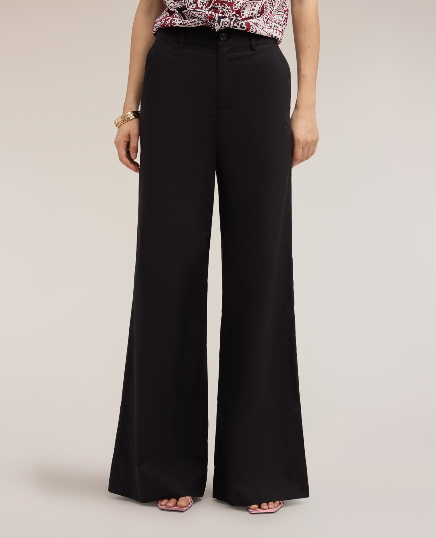 Pantalones de mujer palazzo de popelina de algodón ajuste regular apertura frontal con botón y cremallera - Motivi - Negro Negro-3