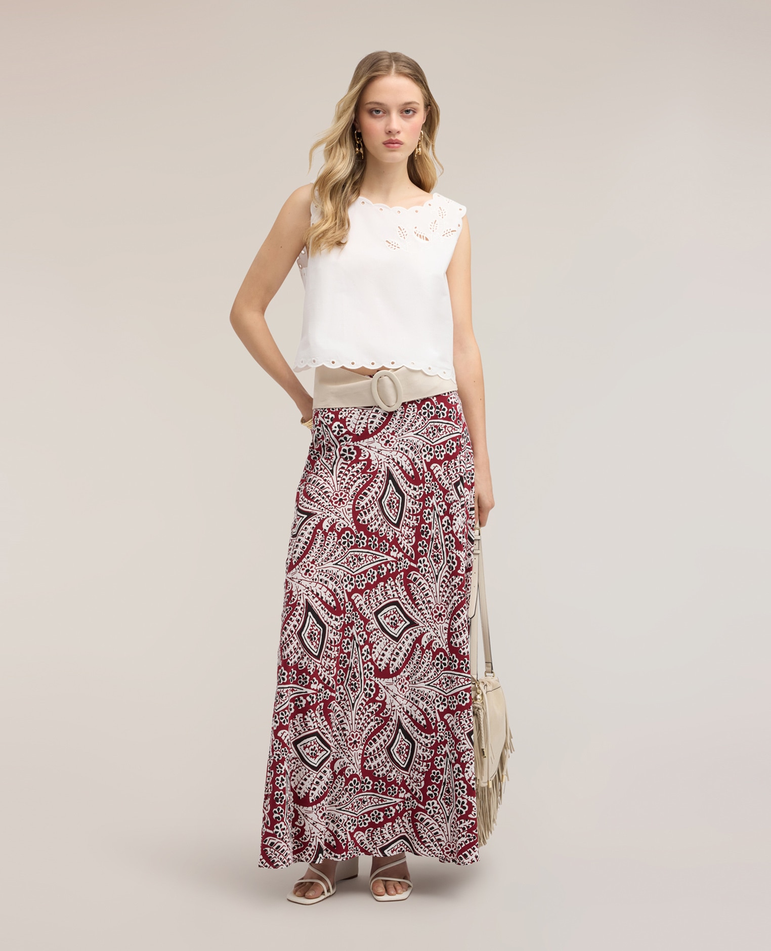 Falda evasé maxi en marocaine con estampado estampado paisley - Motivi - Burdeos Burdeos-1