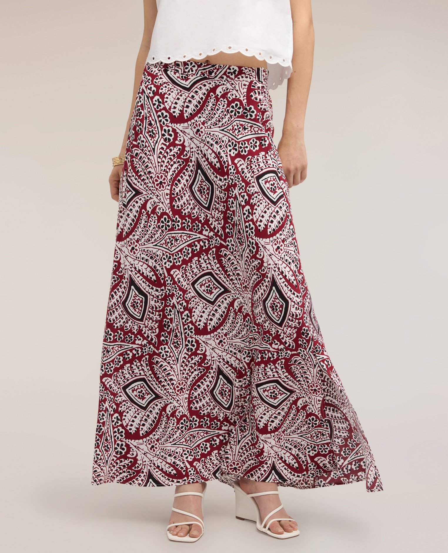 Falda evasé maxi en marocaine con estampado estampado paisley - Motivi - Burdeos Burdeos-3