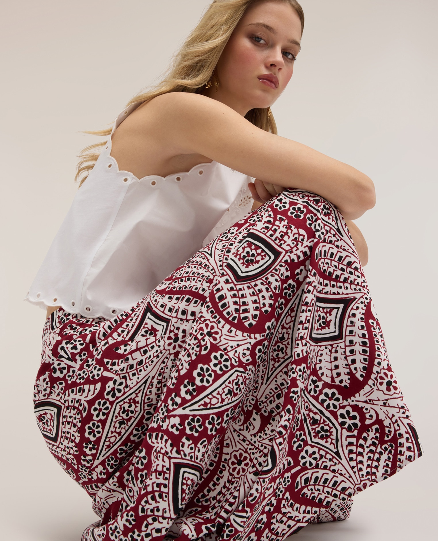 Falda evasé maxi en marocaine con estampado estampado paisley - Motivi - Burdeos Burdeos-4