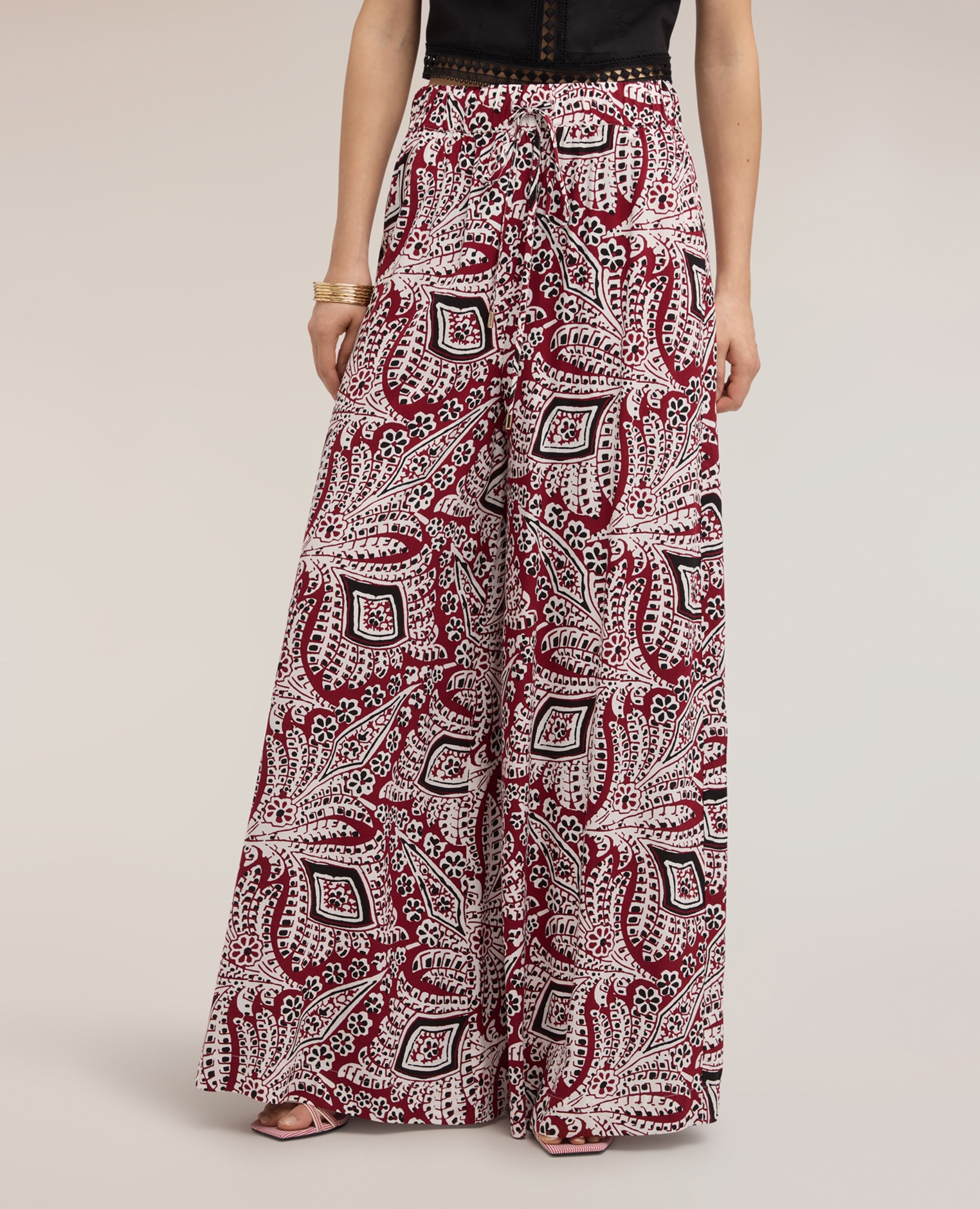 Pantalones de mujer palazzo con estampado estampado paisley - Motivi - Burdeos Burdeos-3