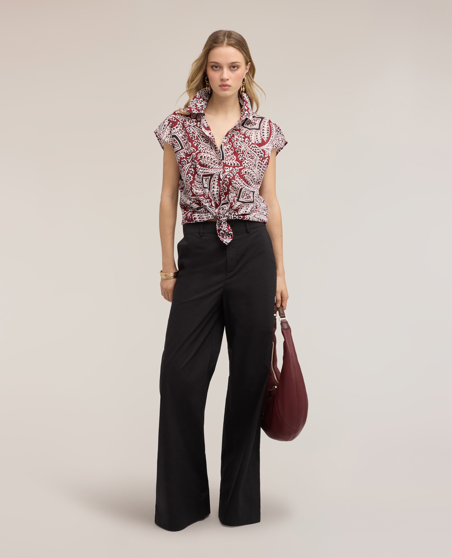 Camisa de mujer de muselina de algodón con estampado ajuste boxy cierre frontal con botones - Motivi - Burdeos Burdeos-3