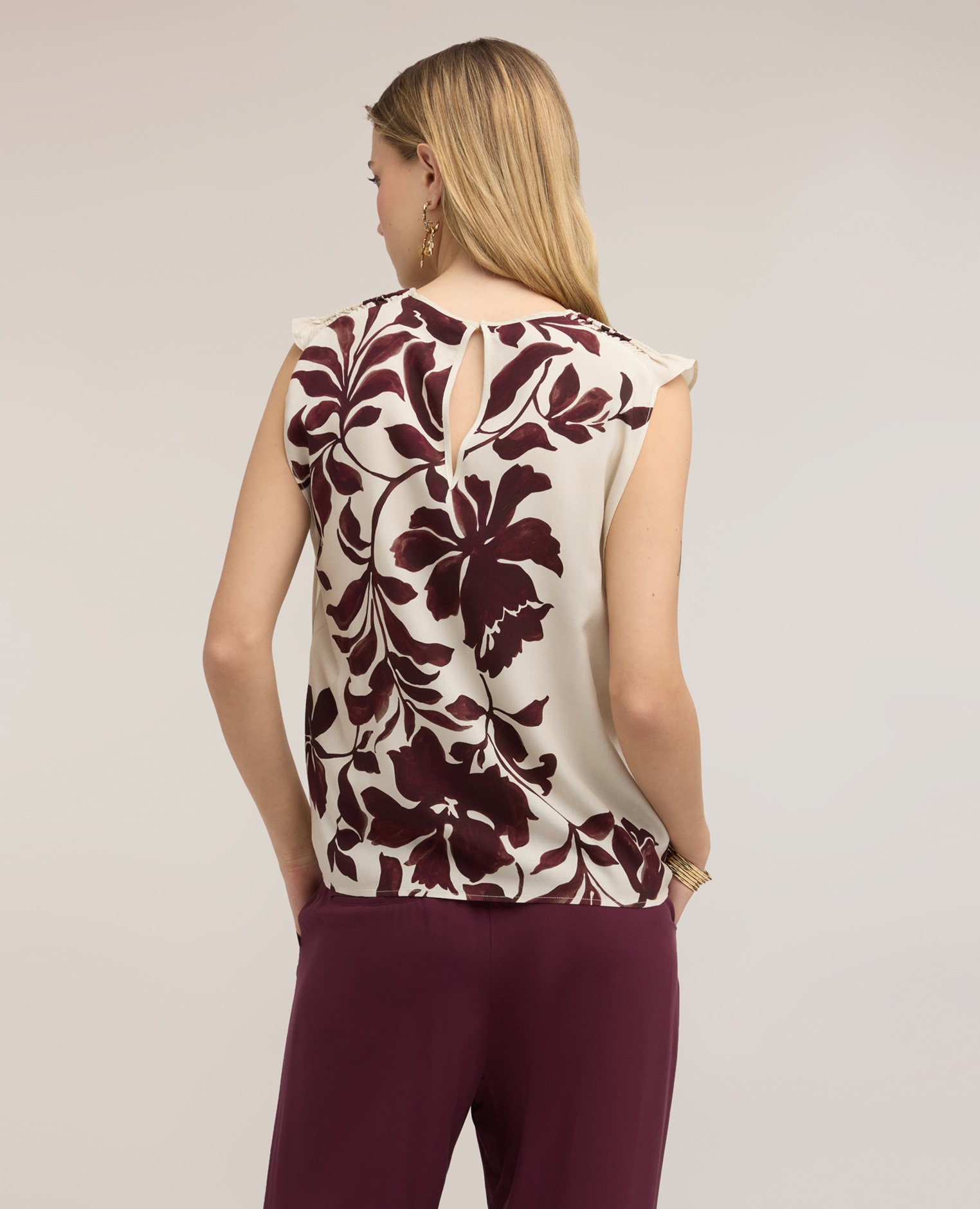 Top de mujer de viscosa con estampado floral ajuste regular con drapeado en los hombros - Motivi - Burdeos Burdeos-2