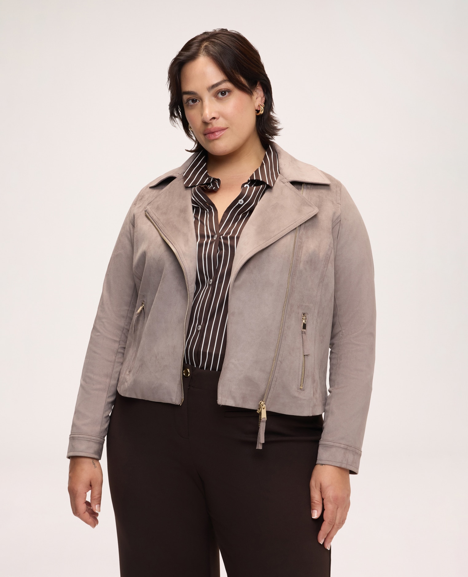 Chaqueta de mujer biker en tejido soft touch cierre frontal asimétrico con cremallera - Fiorella Rubino - Gris Gris-1