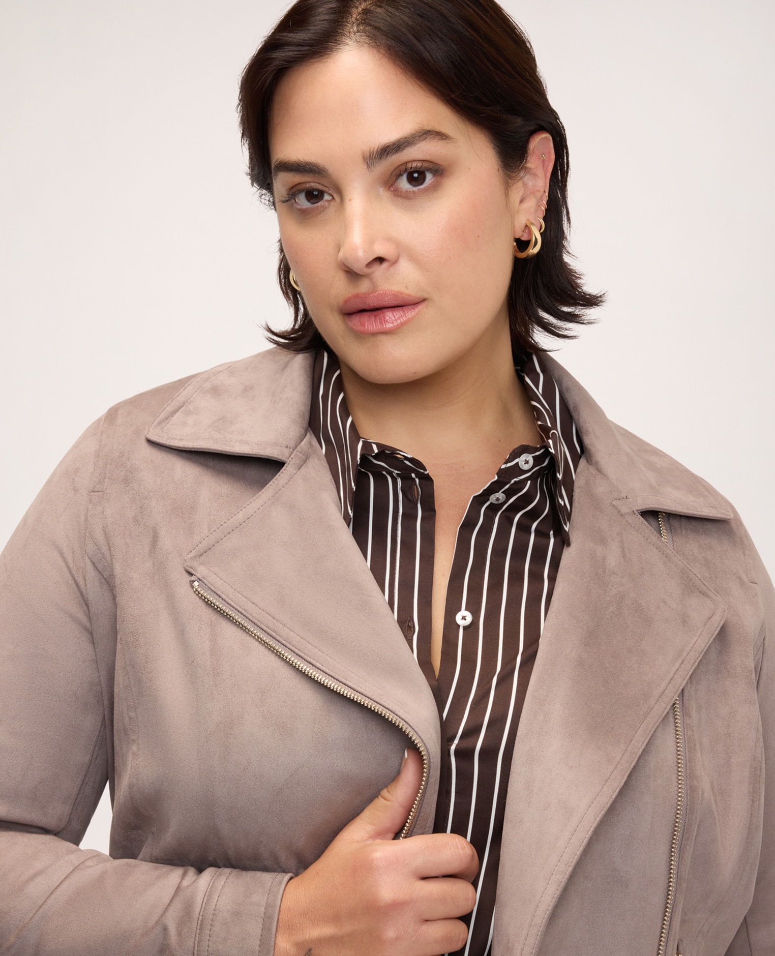 Chaqueta de mujer biker en tejido soft touch cierre frontal asimétrico con cremallera - Fiorella Rubino - Gris Gris-4