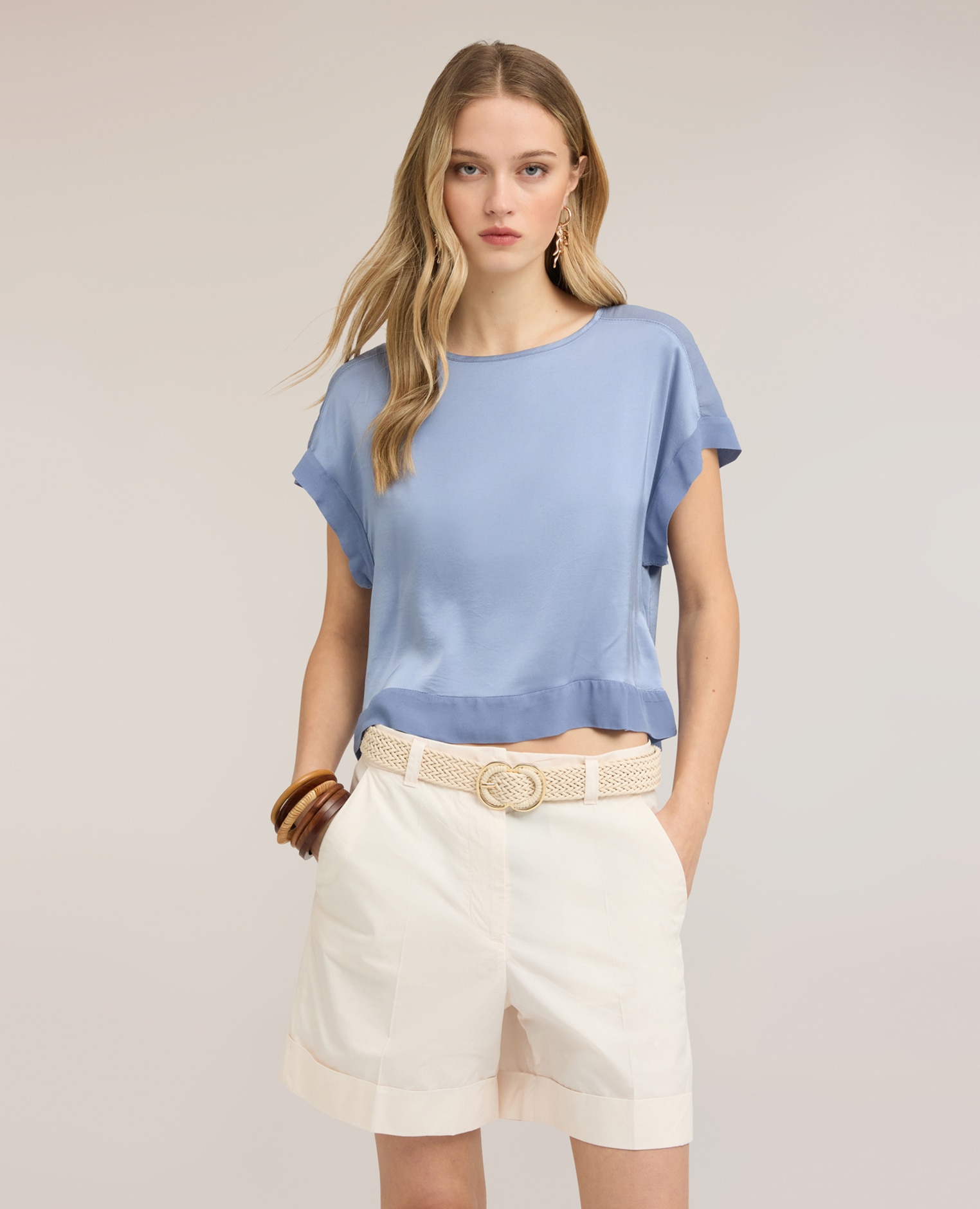 Motivi - Blusa de mujer de raso con escote barco ajuste regular con escote barco.