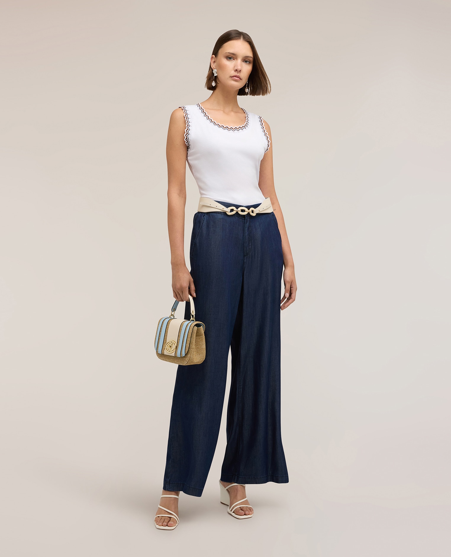 Top de mujer de punto con borde de jersey bordes trabajados - Motivi - Blanco Blanco-3