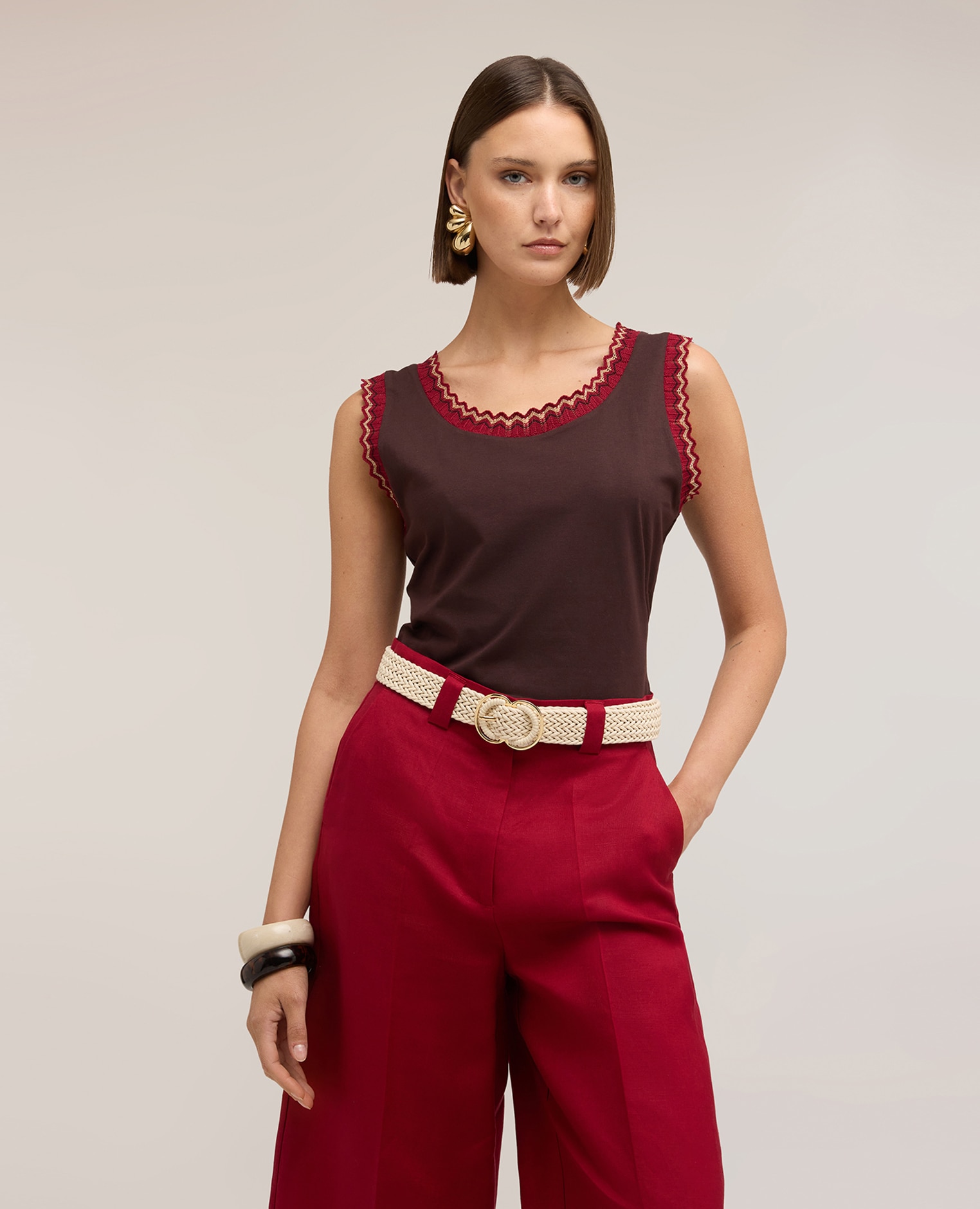 Top de mujer de punto con borde de jersey bordes trabajados - Motivi - Marrón Marrón-1