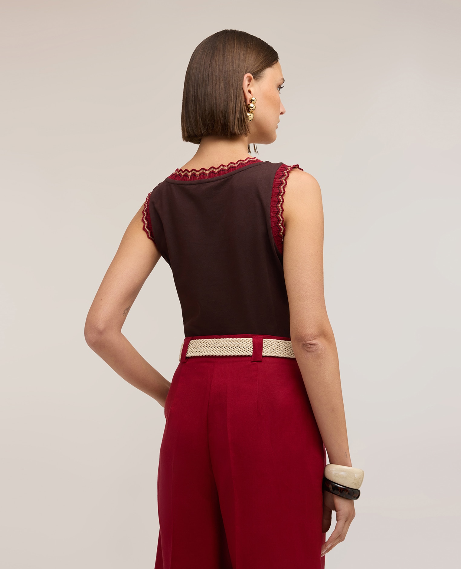 Top de mujer de punto con borde de jersey bordes trabajados - Motivi - Marrón Marrón-2