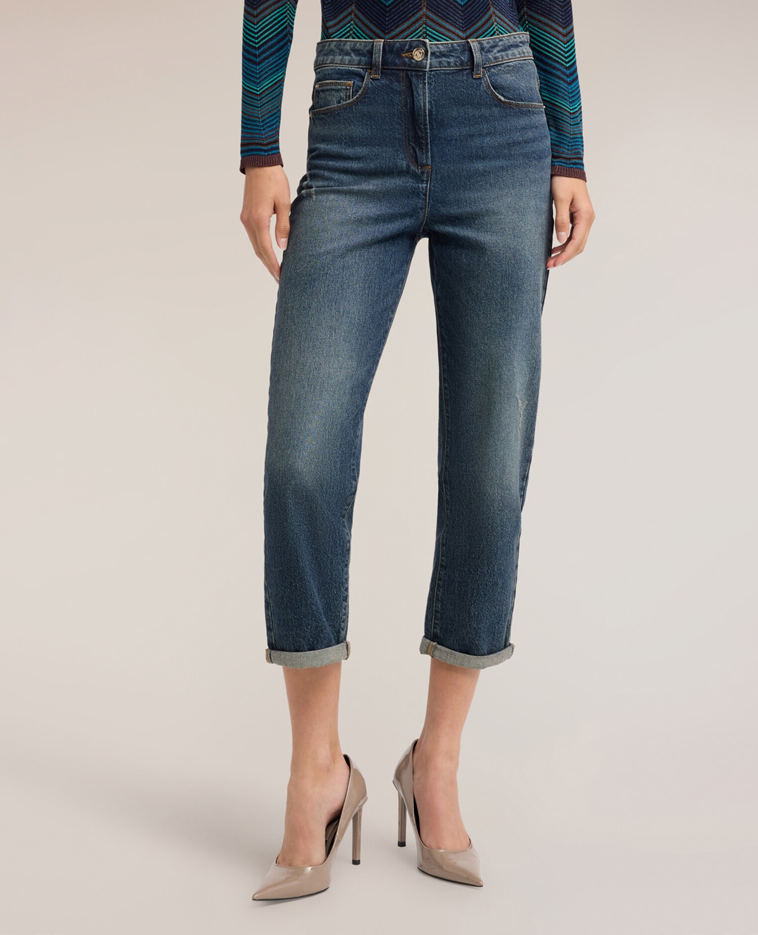 Jeans de mujer boyfriend con dobladillo modelo de cinco bolsillos con cierre de botón y cremallera - Motivi - Azul Azul-3