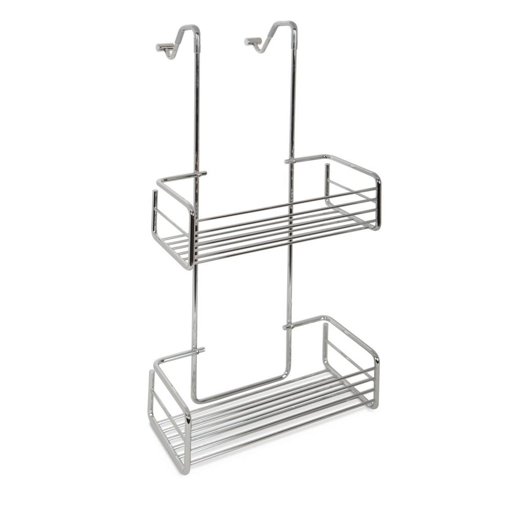 Jabonera de rejilla con 2 cestas rectangulares para colgar en mampara con perchas - Cromo Cromo-1