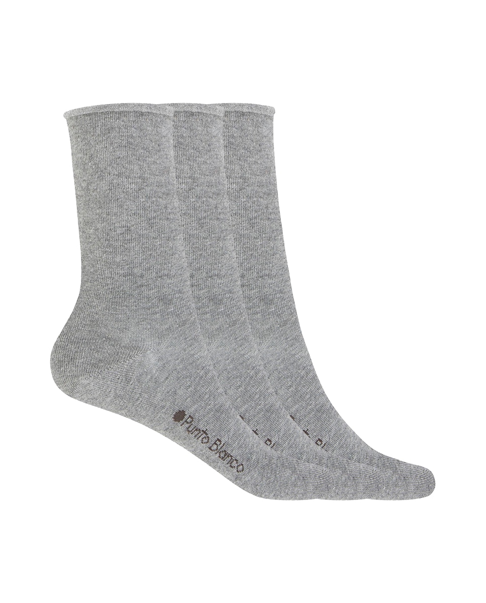 Pack de 3 pares de calcetines de mujer de algodón lisos con puño roulé - Punto Blanco - Gris Gris-1