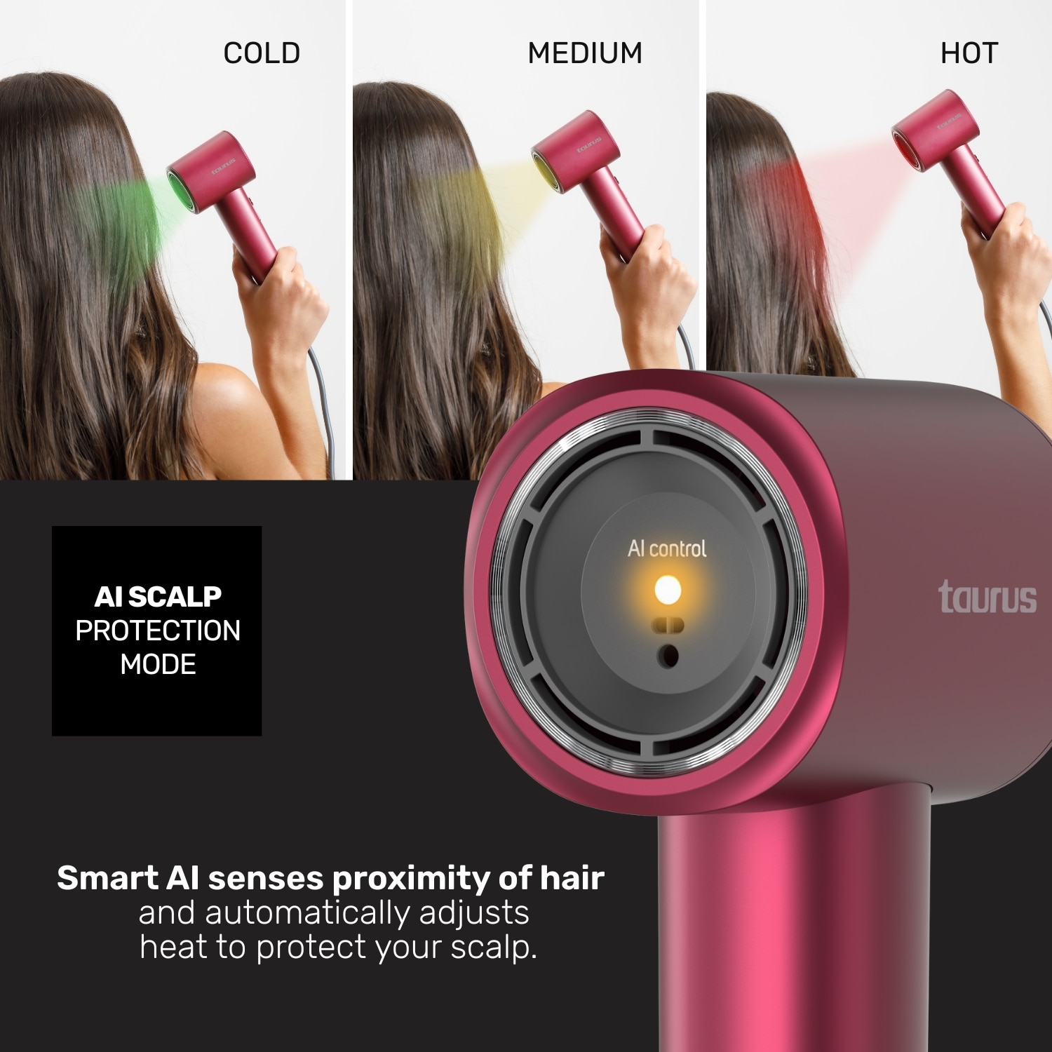 Secador de pelo inteligente Taurus Digital Force AI con protección del cuero cabelludo - Granate Granate-4