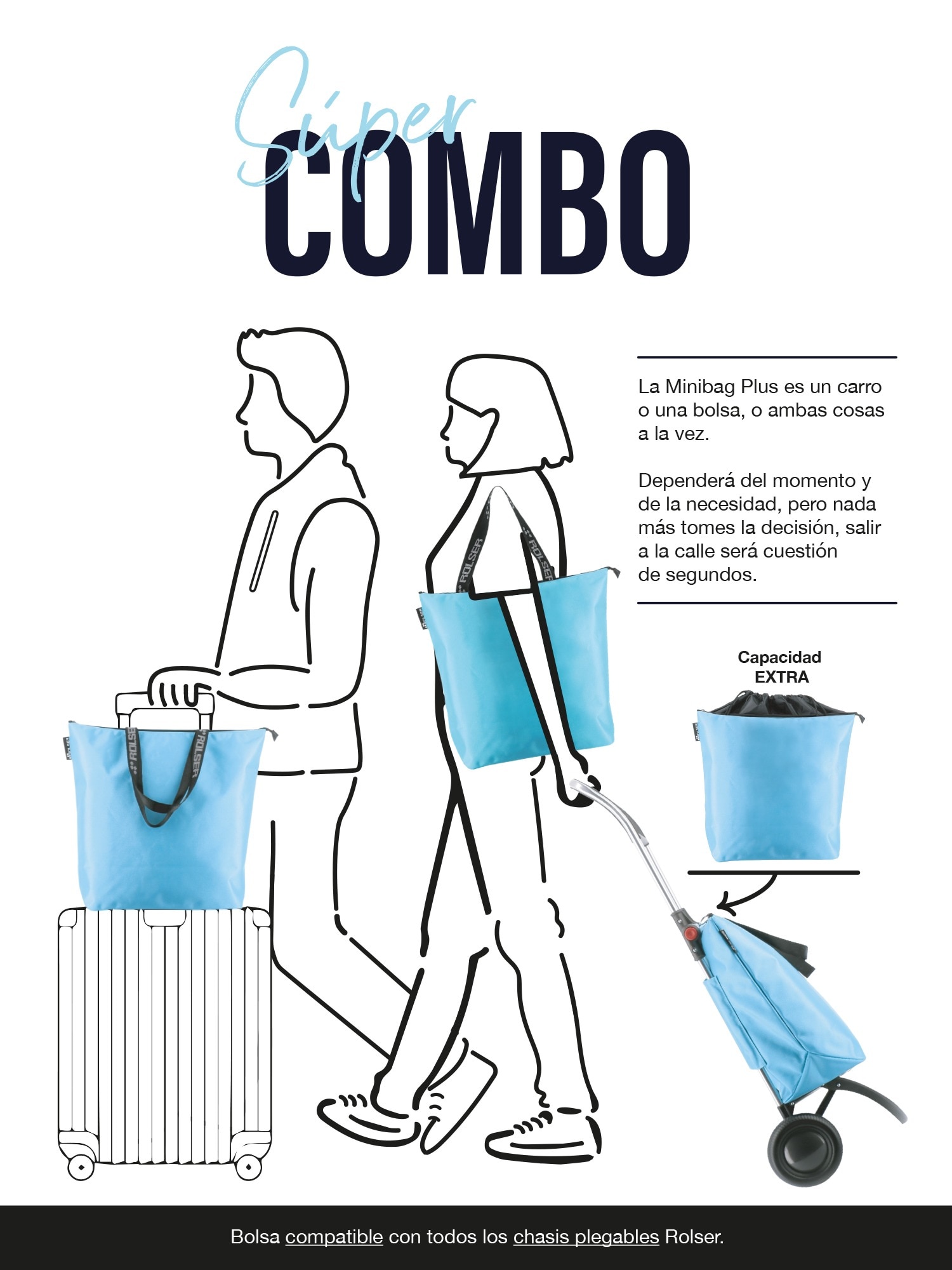 Imagen 2 de Combo Carro de la compra I-Max MF 4 Ruedas 2 Giratorias Plegable + Bolsa Extra Rolser - Kaki Kaki