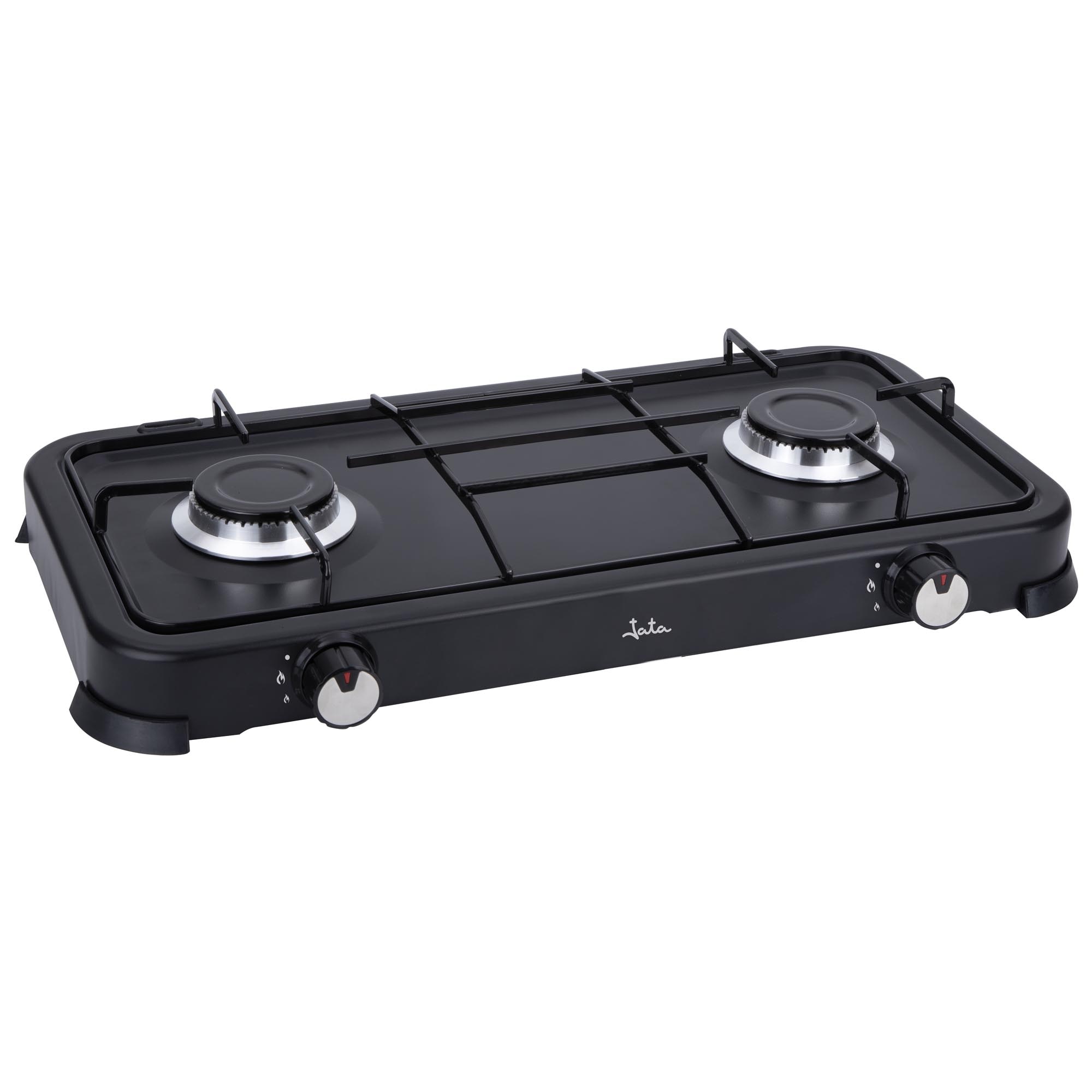 Cocina de gas portátil Jata JECG2702 de 2 fuegos con parrilla con tapa protectora extraíble - Negro Negro-2