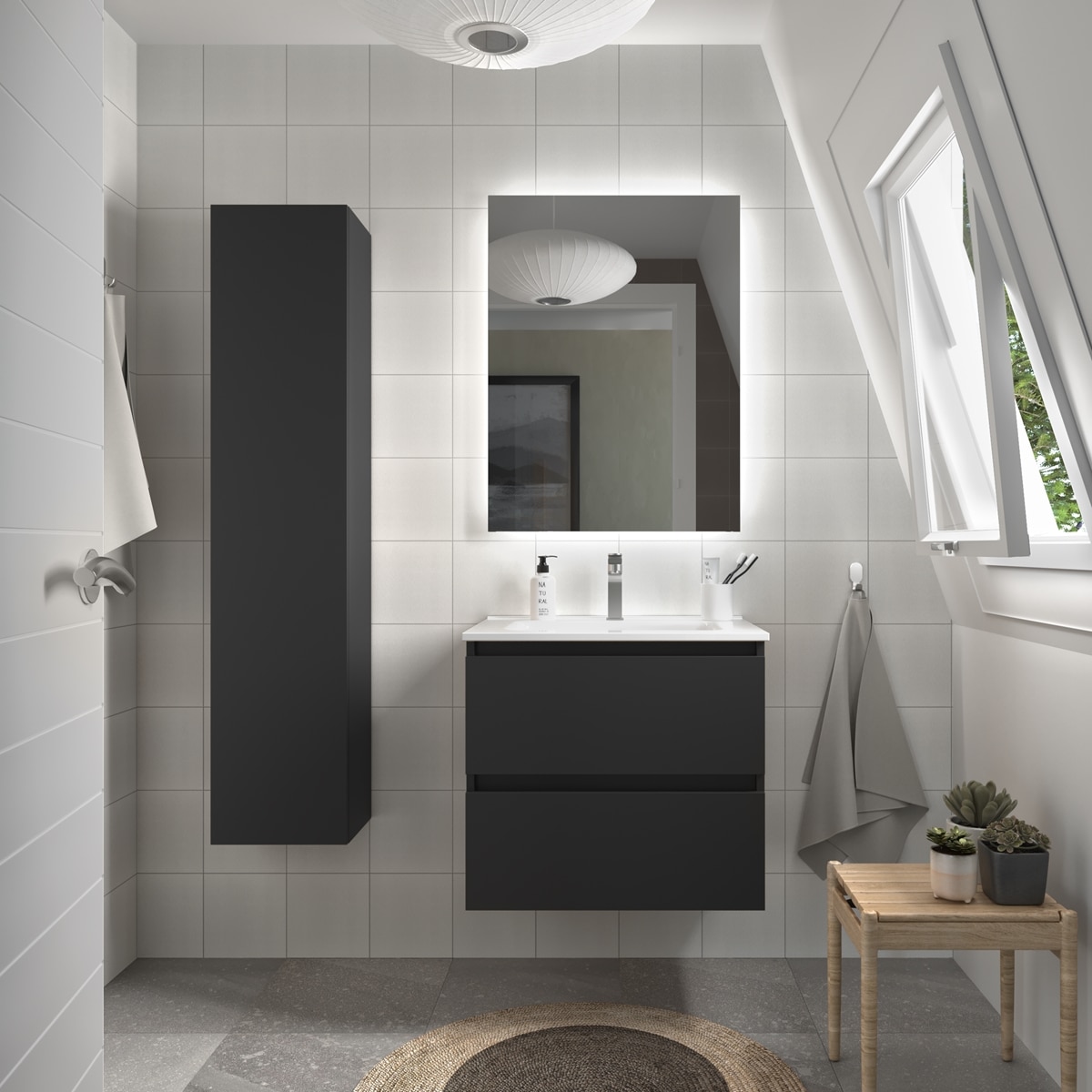Mueble de baño con 2 cajones y lavabo de porcelana Bequia Salgar - Negro 60 cm Negro-2