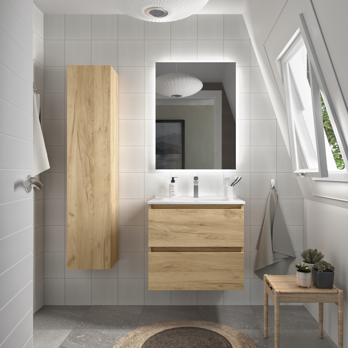 Imagen 0 de Mueble de baño con 2 cajones y lavabo de porcelana Bequia Salgar Roble