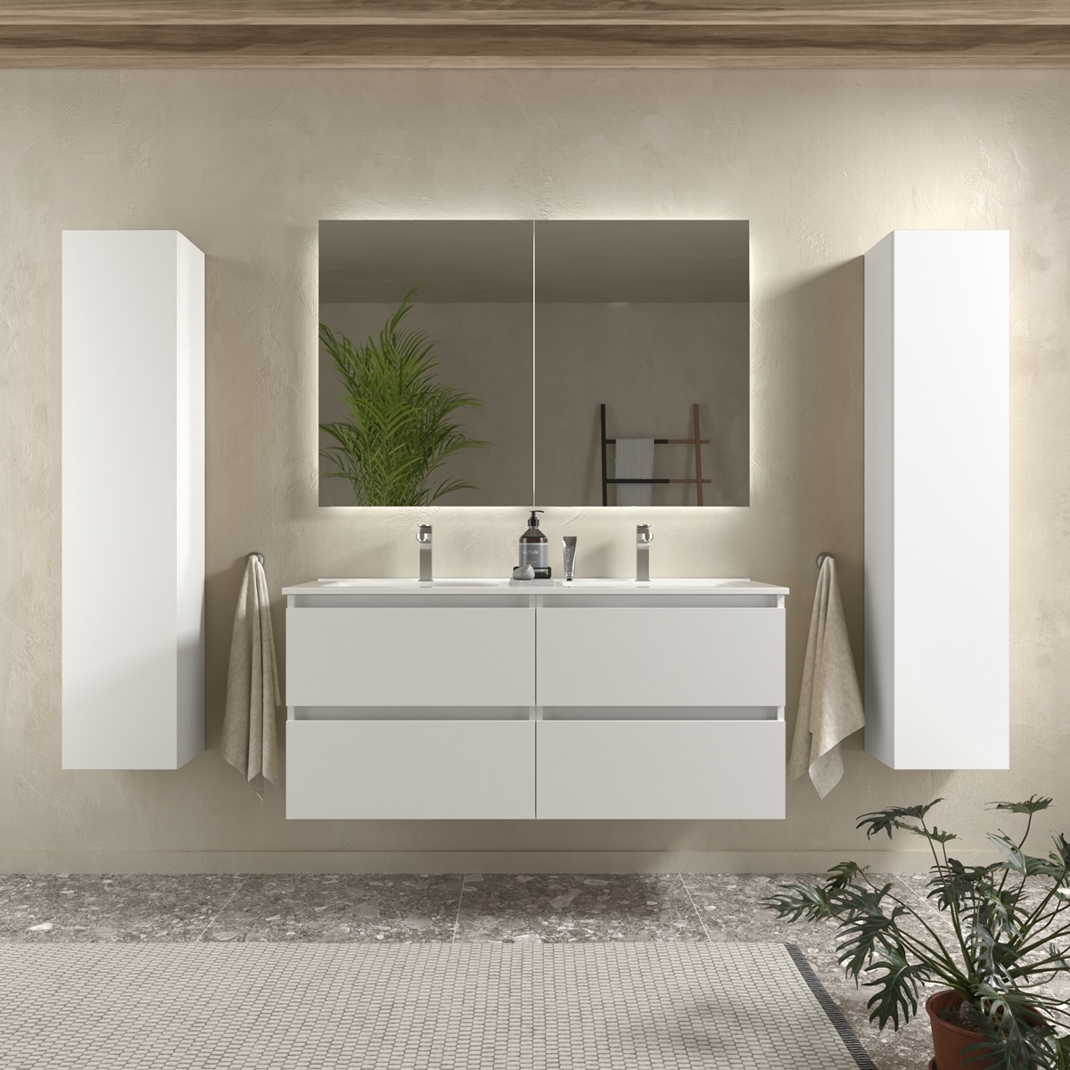 Imagen 2 de Mueble de baño mate con 4 cajones y 2 lavabos de porcelana Bequia Salgar - Blanco 120 cm Blanco