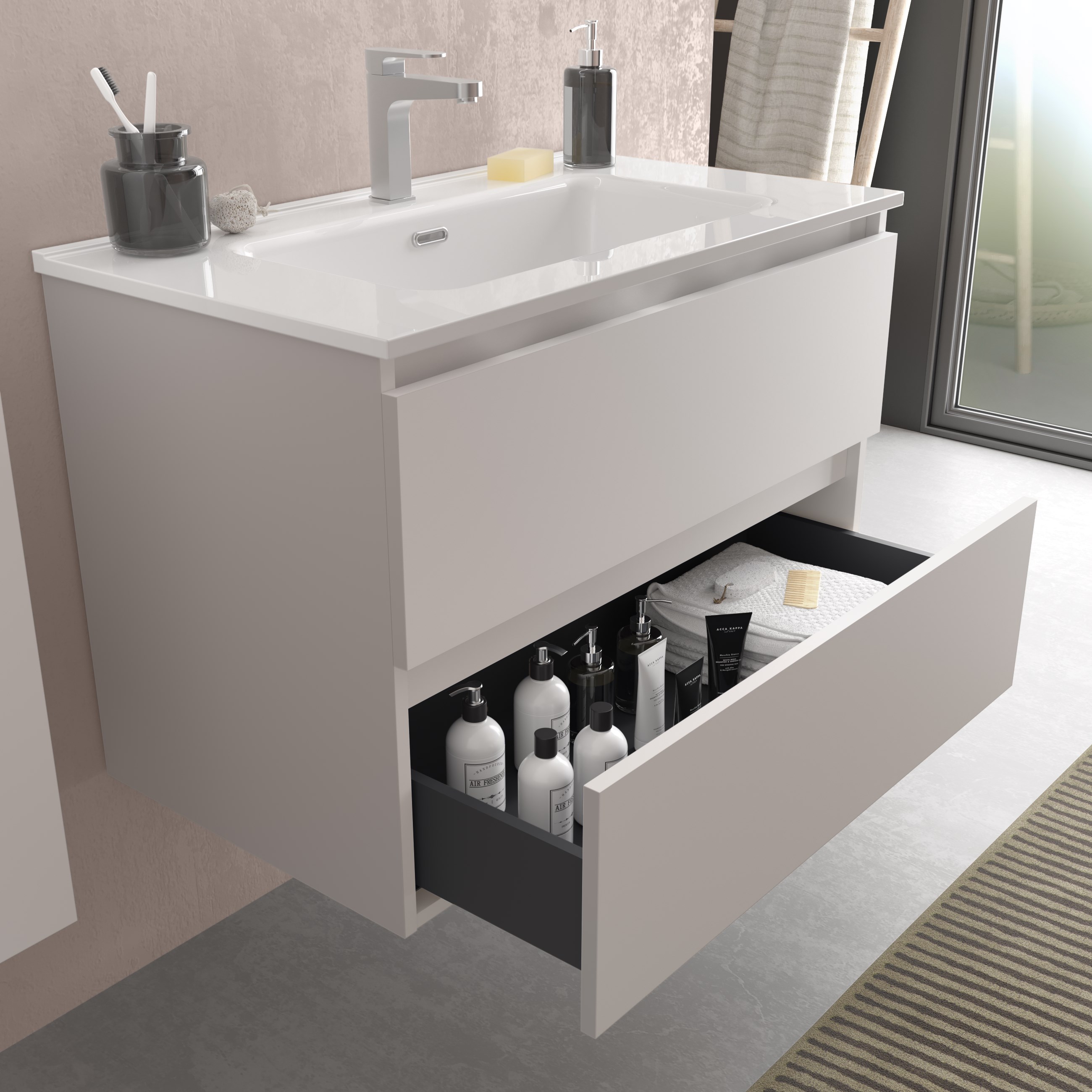 Imagen 3 de Mueble de baño mate con 4 cajones y 2 lavabos de porcelana Bequia Salgar - Blanco 120 cm Blanco