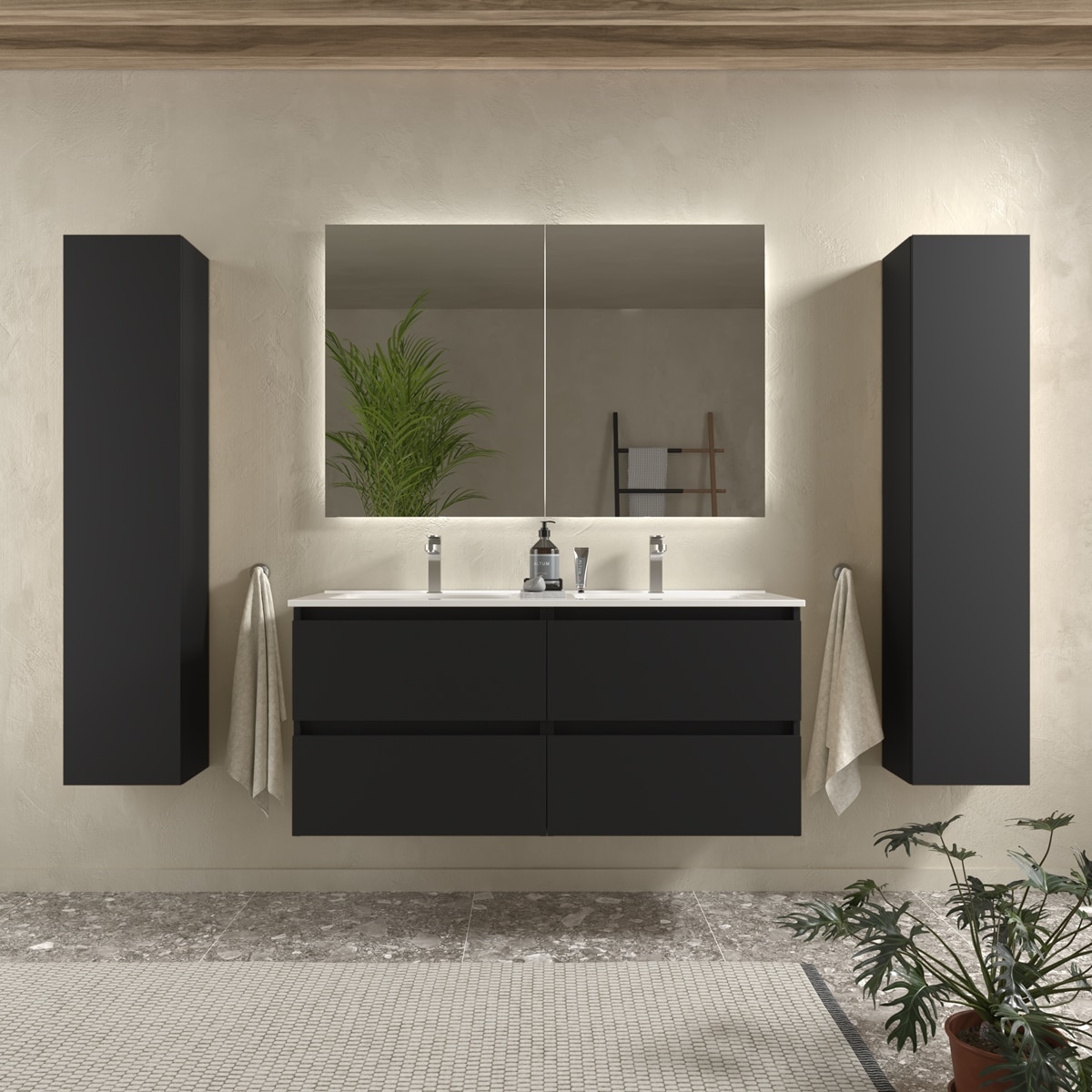 Imagen 2 de Mueble de baño mate con 4 cajones y 2 lavabos de porcelana Bequia Salgar - Negro 120 cm Negro