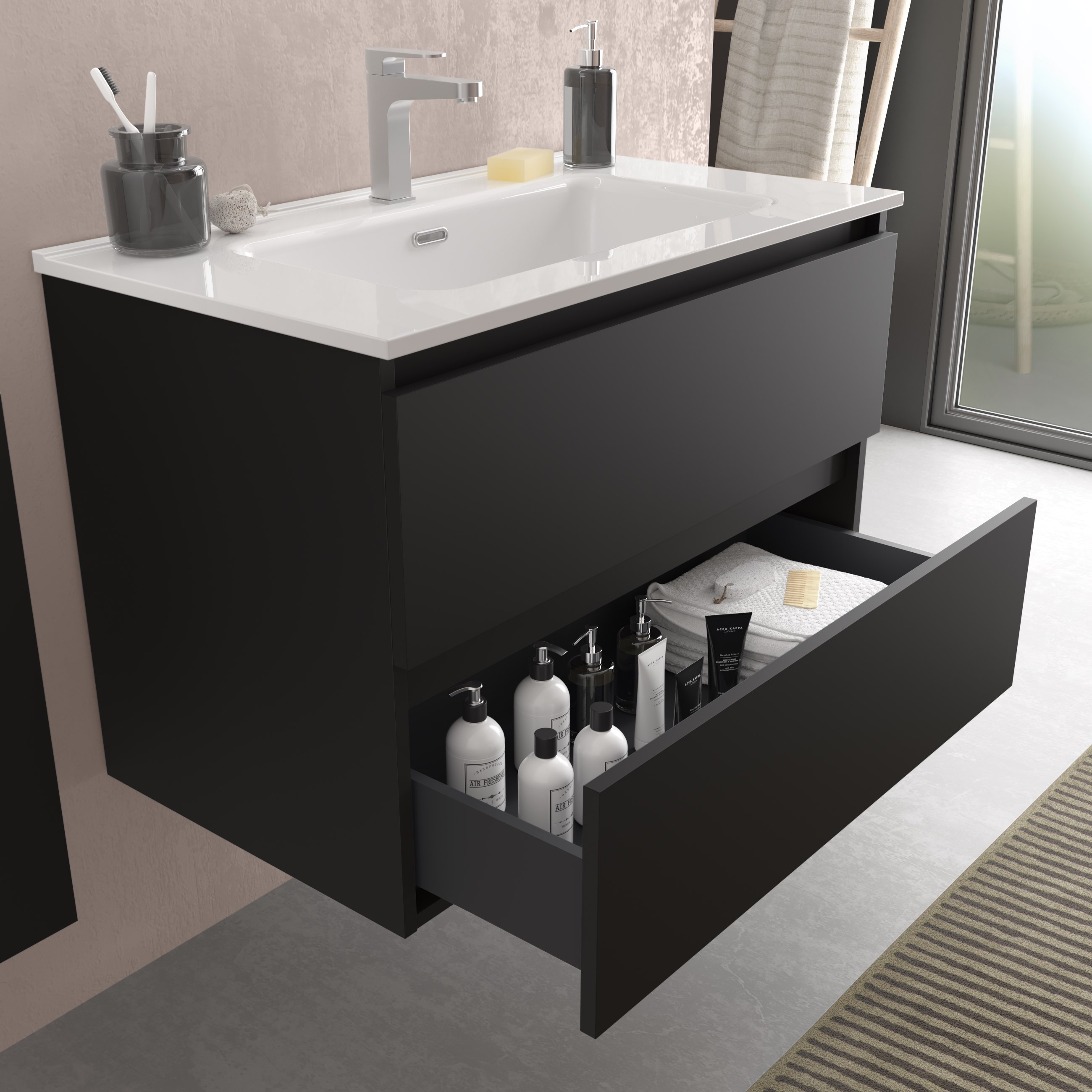 Imagen 3 de Mueble de baño mate con 4 cajones y 2 lavabos de porcelana Bequia Salgar - Negro 120 cm Negro