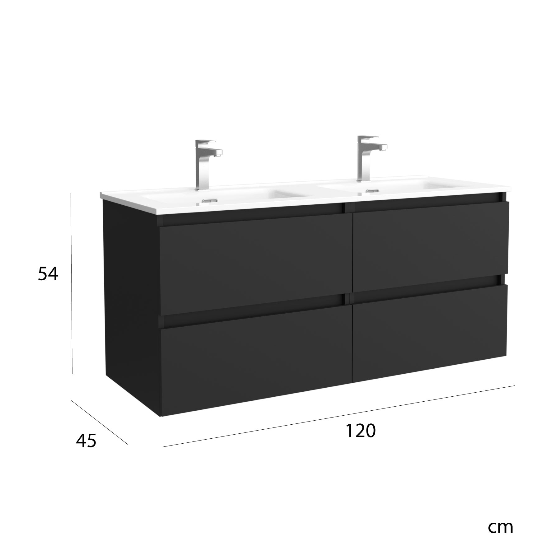Imagen 6 de Mueble de baño mate con 4 cajones y 2 lavabos de porcelana Bequia Salgar - Negro 120 cm Negro