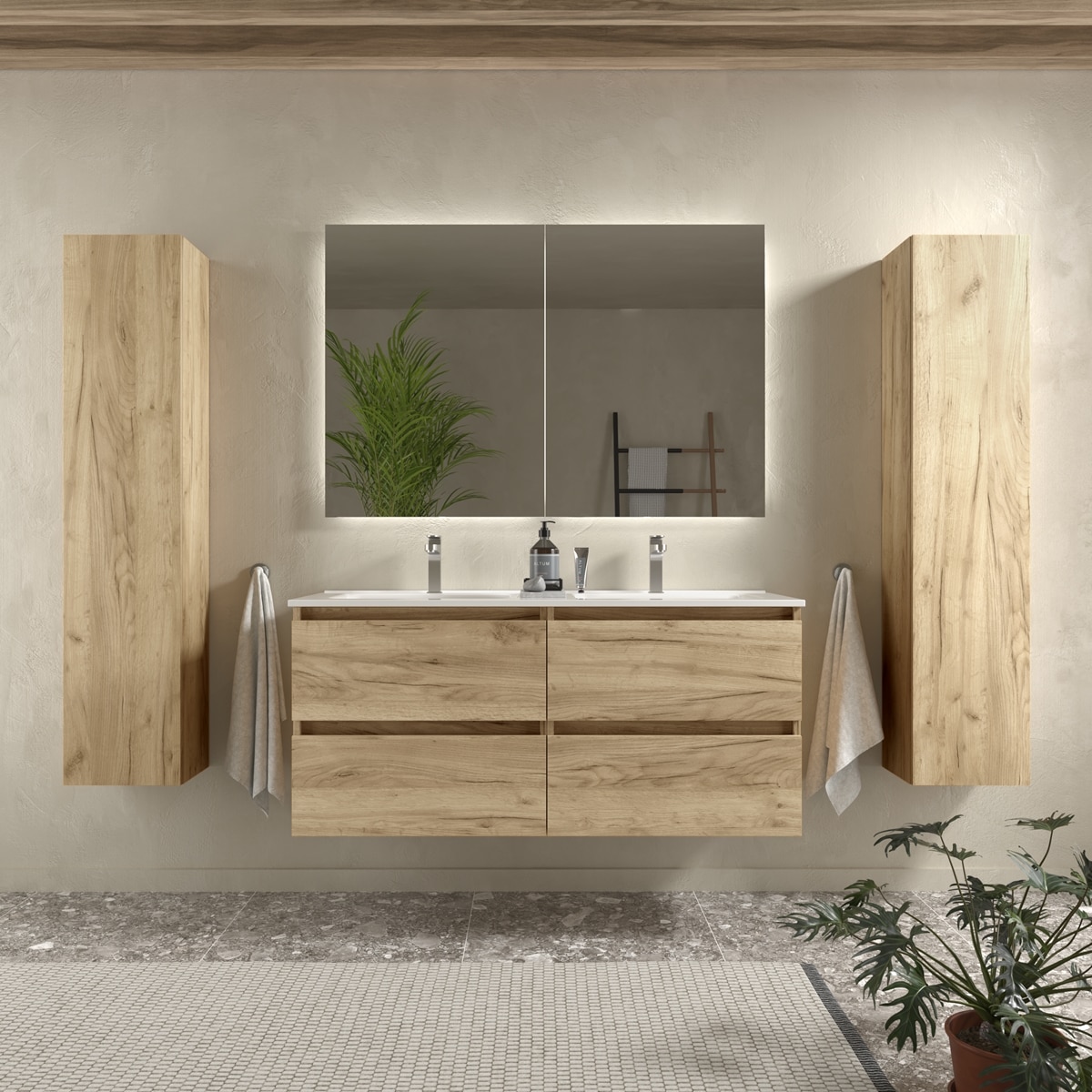 Mueble de baño con 4 cajones y 2 lavabos de porcelana Bequia Salgar - Marrón 120 cm Marrón-2
