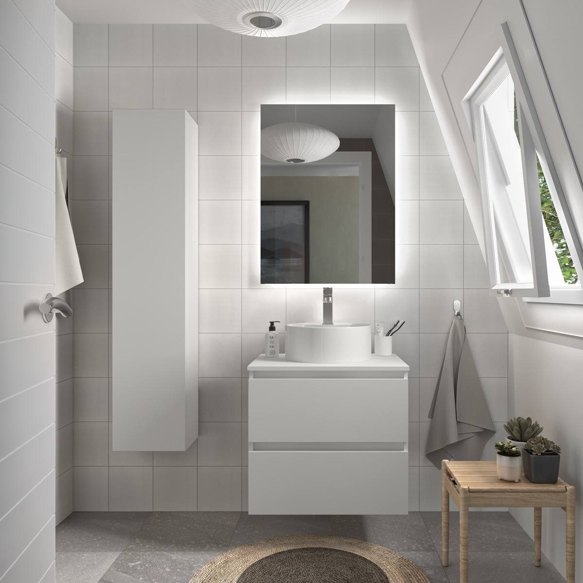 Mueble de baño con 2 cajones y lavabo sobre Encimera Bequia Salgar - Blanco 60 cm Blanco-2