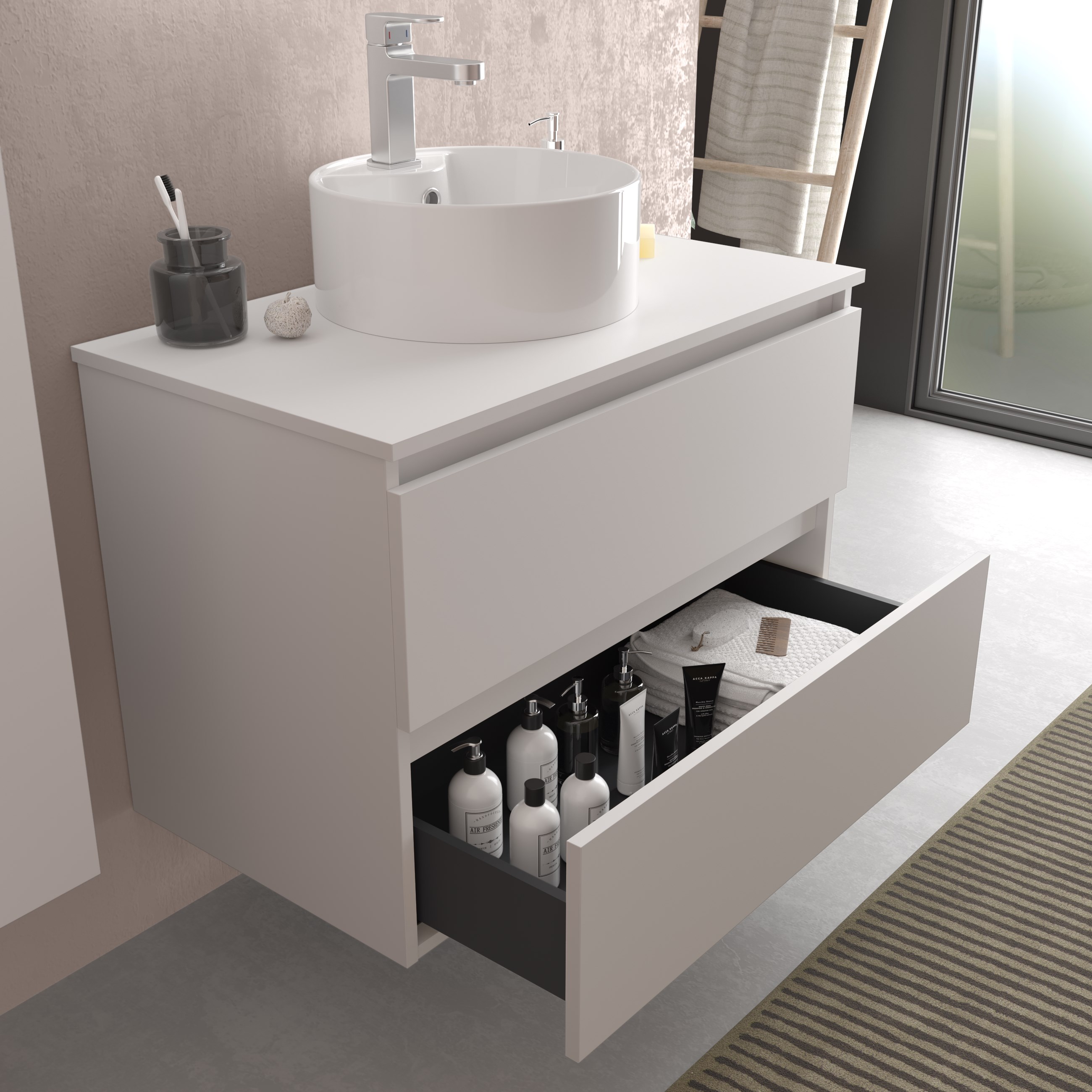Mueble de baño con 2 cajones y lavabo sobre Encimera Bequia Salgar - Blanco 60 cm Blanco-3