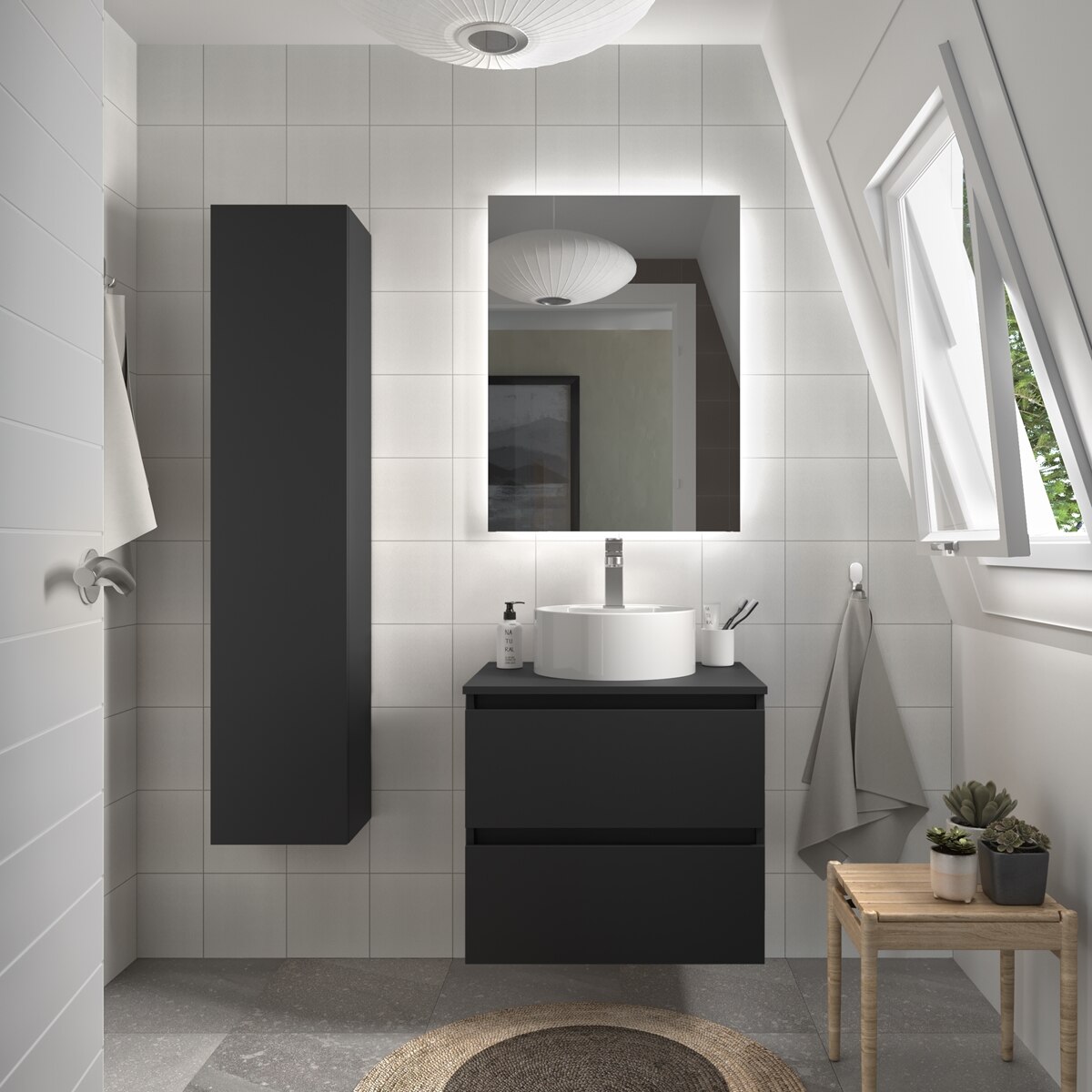 Mueble de baño con 2 cajones y lavabo sobre Encimera Bequia Salgar - Negro 60 cm Negro-2