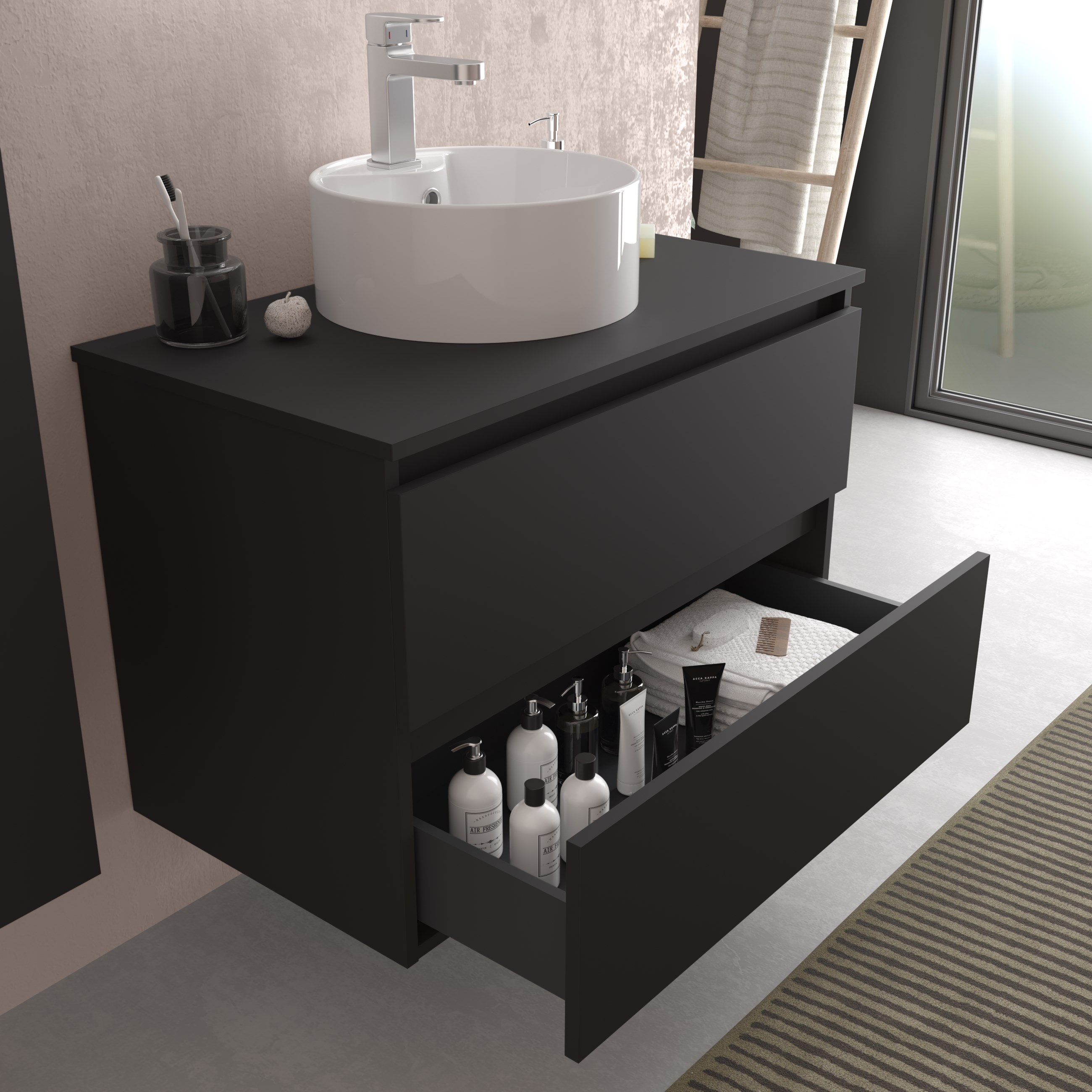 Mueble de baño con 2 cajones y lavabo sobre Encimera Bequia Salgar - Negro 60 cm Negro-3