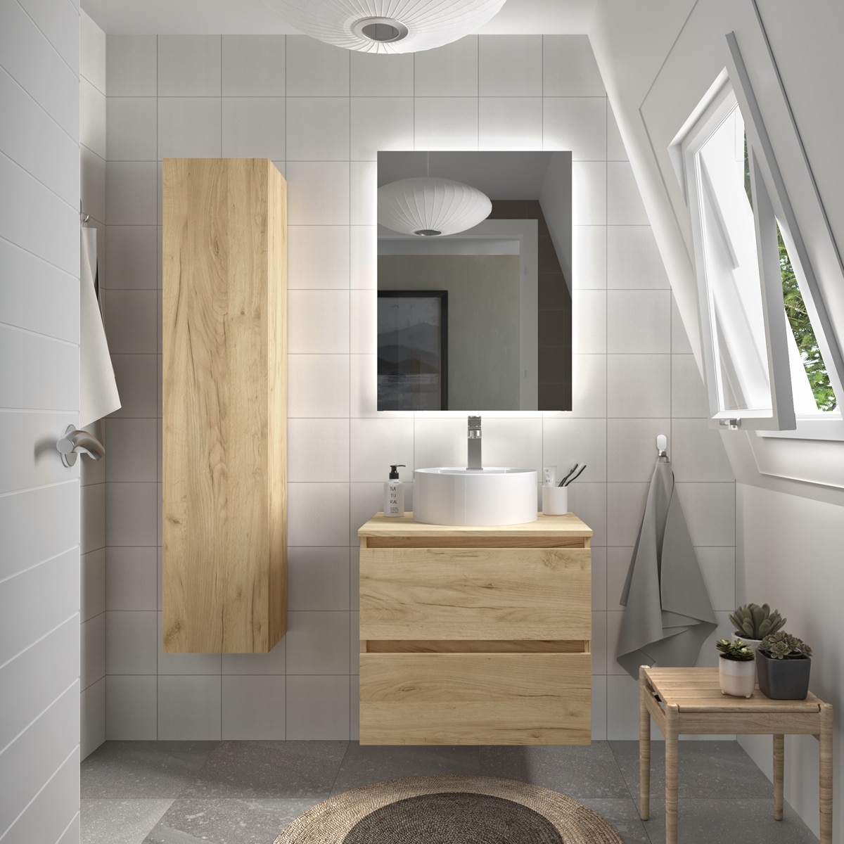 Mueble de baño con 2 cajones y lavabo sobre Encimera Bequia Salgar - Roble 60 cm Roble-2