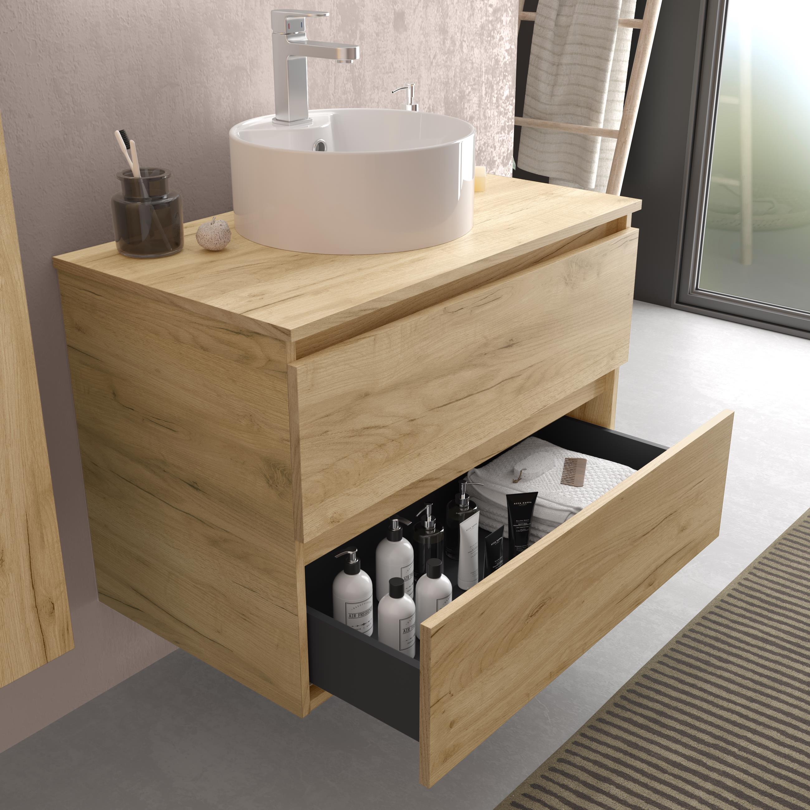 Mueble de baño con 2 cajones y lavabo sobre Encimera Bequia Salgar - Roble 60 cm Roble-3