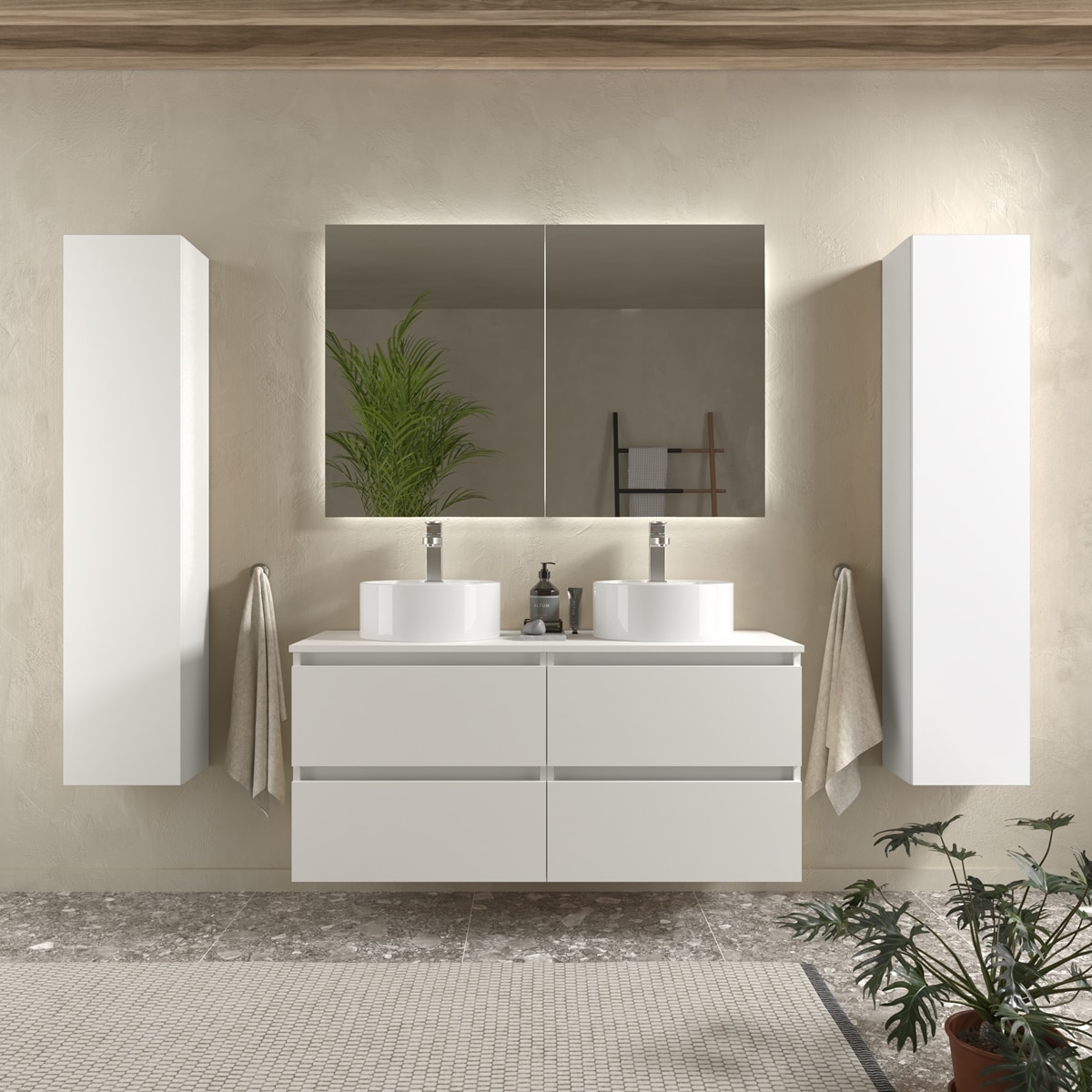 Imagen 2 de Mueble de baño con 4 cajones y 2 lavabos sobre Encimera Bequia Salgar - Blanco 120 cm Blanco