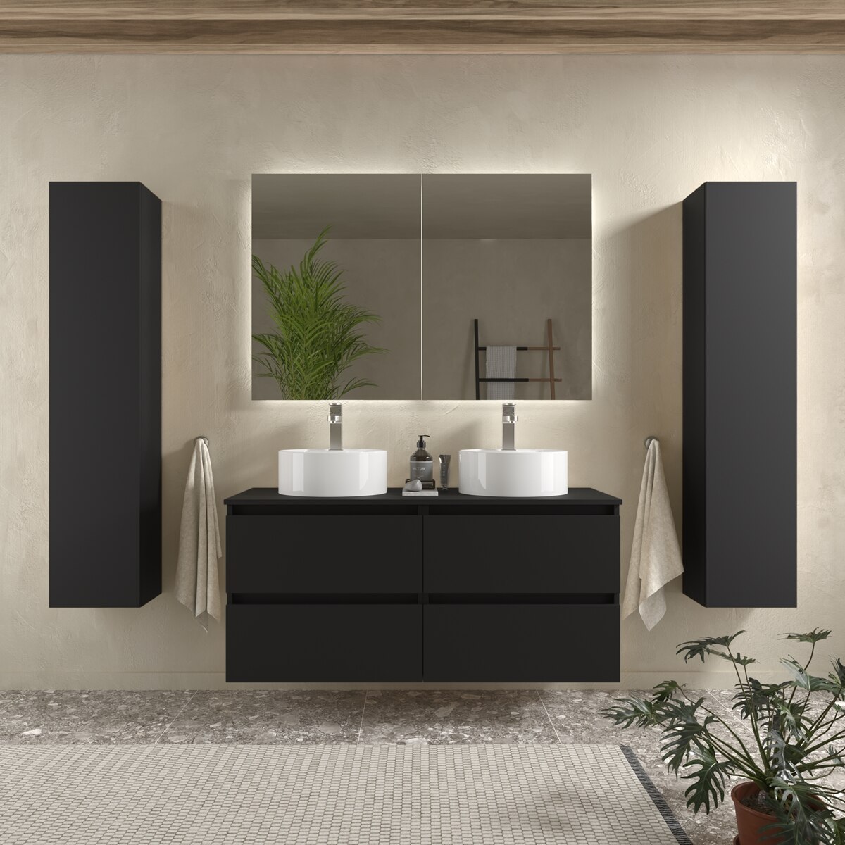 Imagen 2 de Mueble de baño con 4 cajones y 2 lavabos sobre Encimera Bequia Salgar - Negro 120 cm Negro