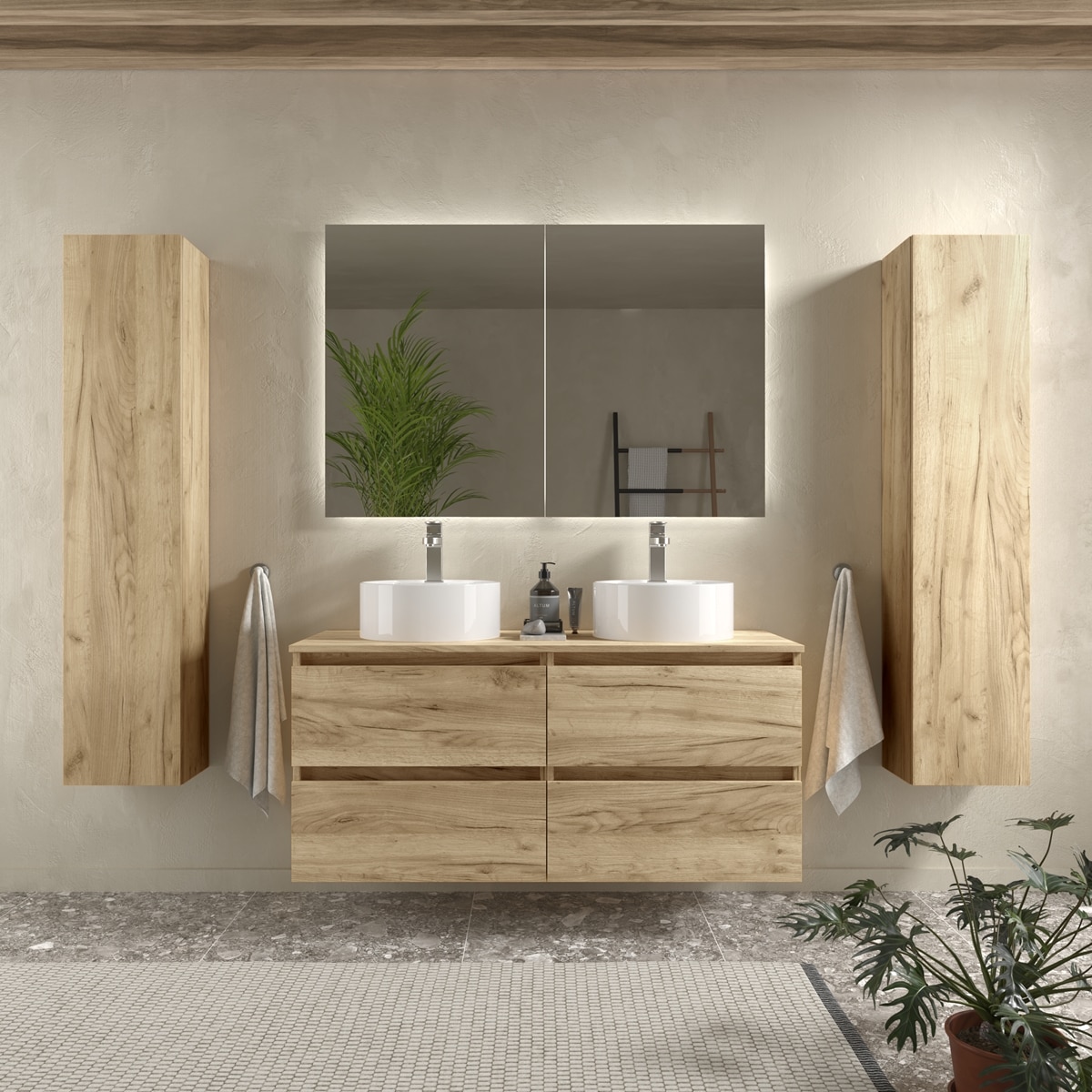 Imagen 2 de Mueble de baño con 4 cajones y 2 lavabos sobre Encimera Bequia Salgar - Roble 120 cm Roble