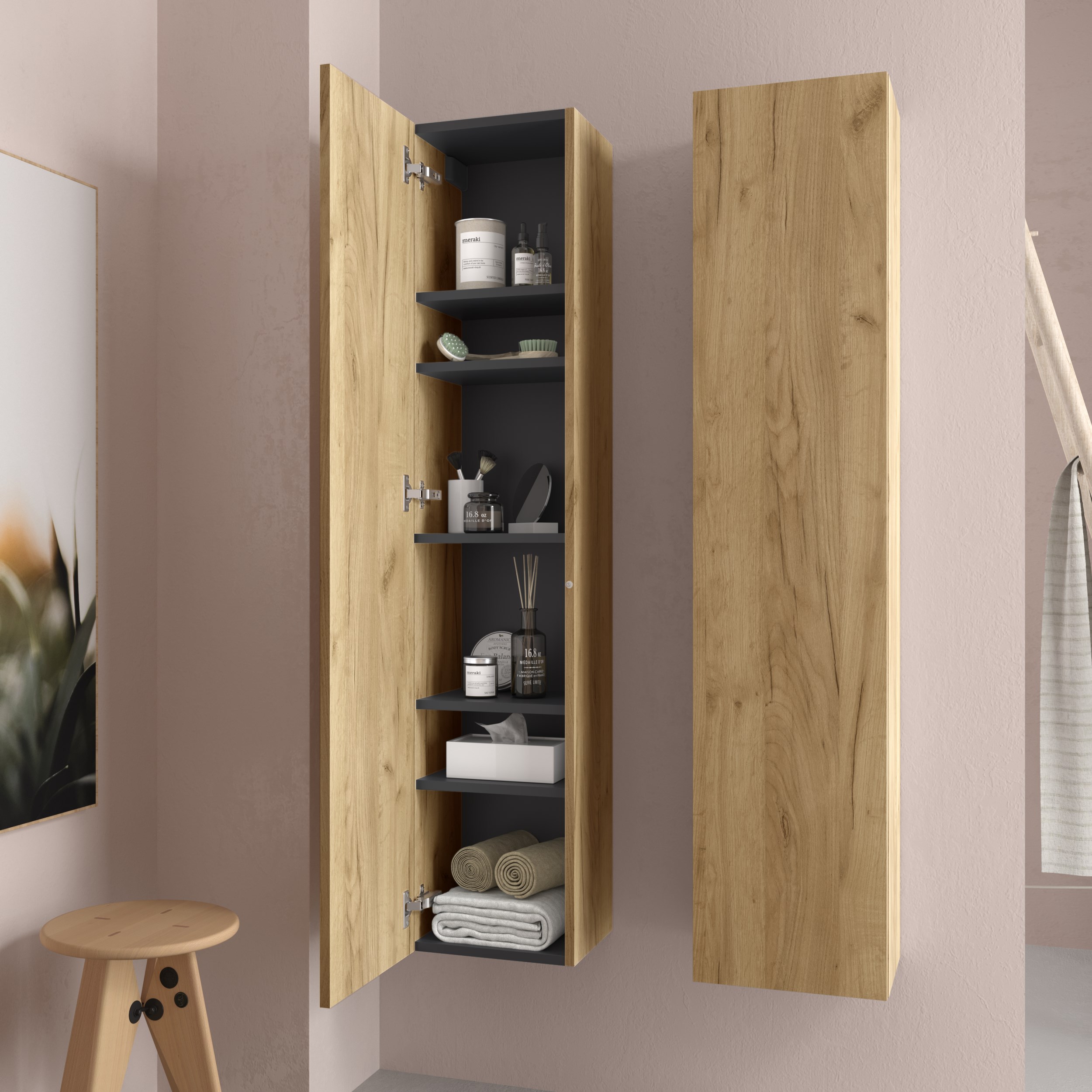 Columna de baño suspendida con 1 puerta Bequia Salgar - Roble 140 cm Roble-2