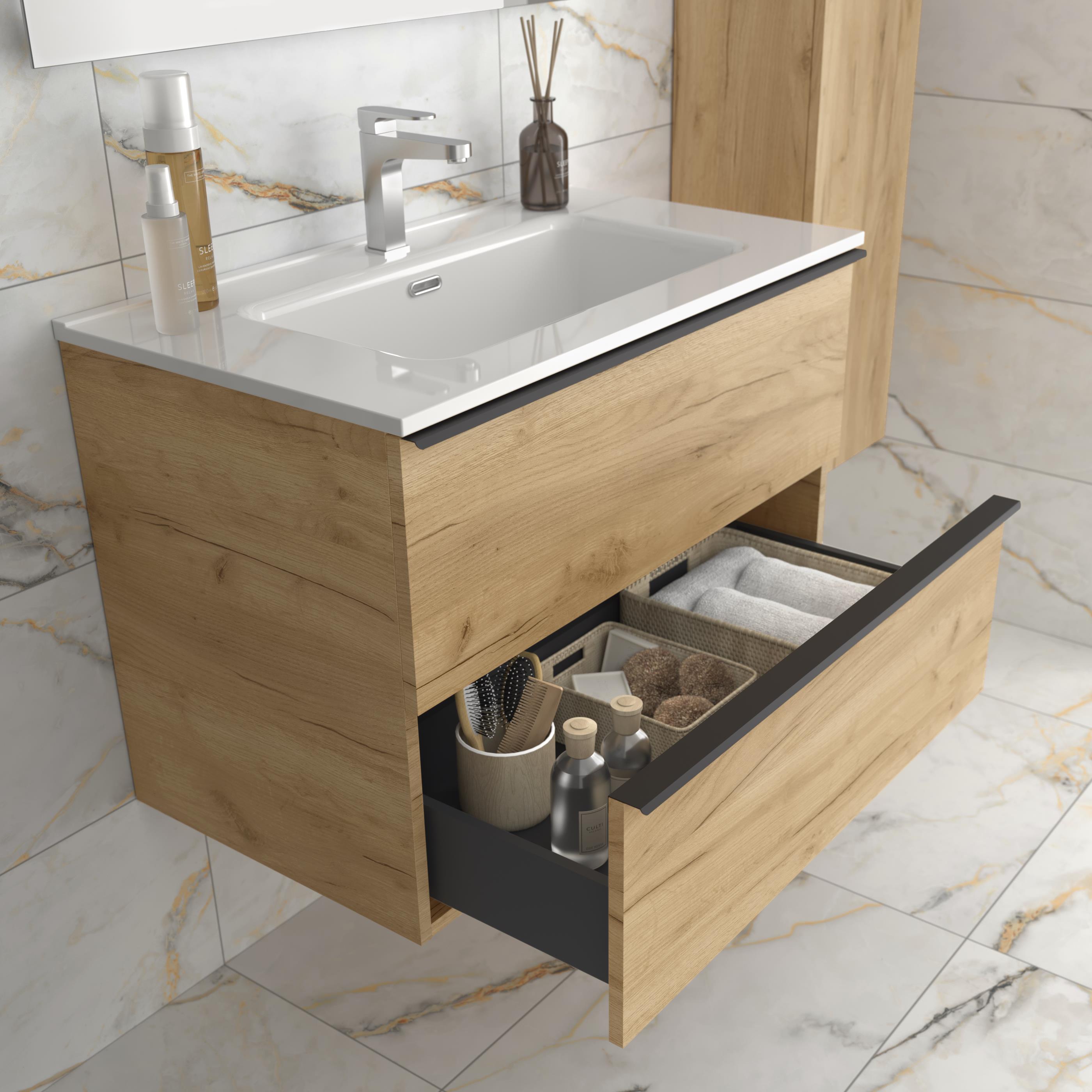 Imagen 3 de Mueble de baño con 2 cajones tirador de pestaña y Lavabo de porcelana Nabua Salgar - Roble 80 cm Roble