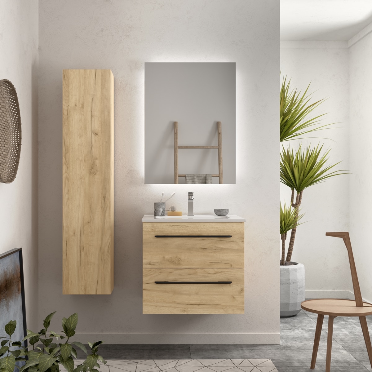 Imagen 2 de Mueble de baño con 2 cajones y Lavabo de porcelana Morai Salgar - Marrón 80 cm Marrón