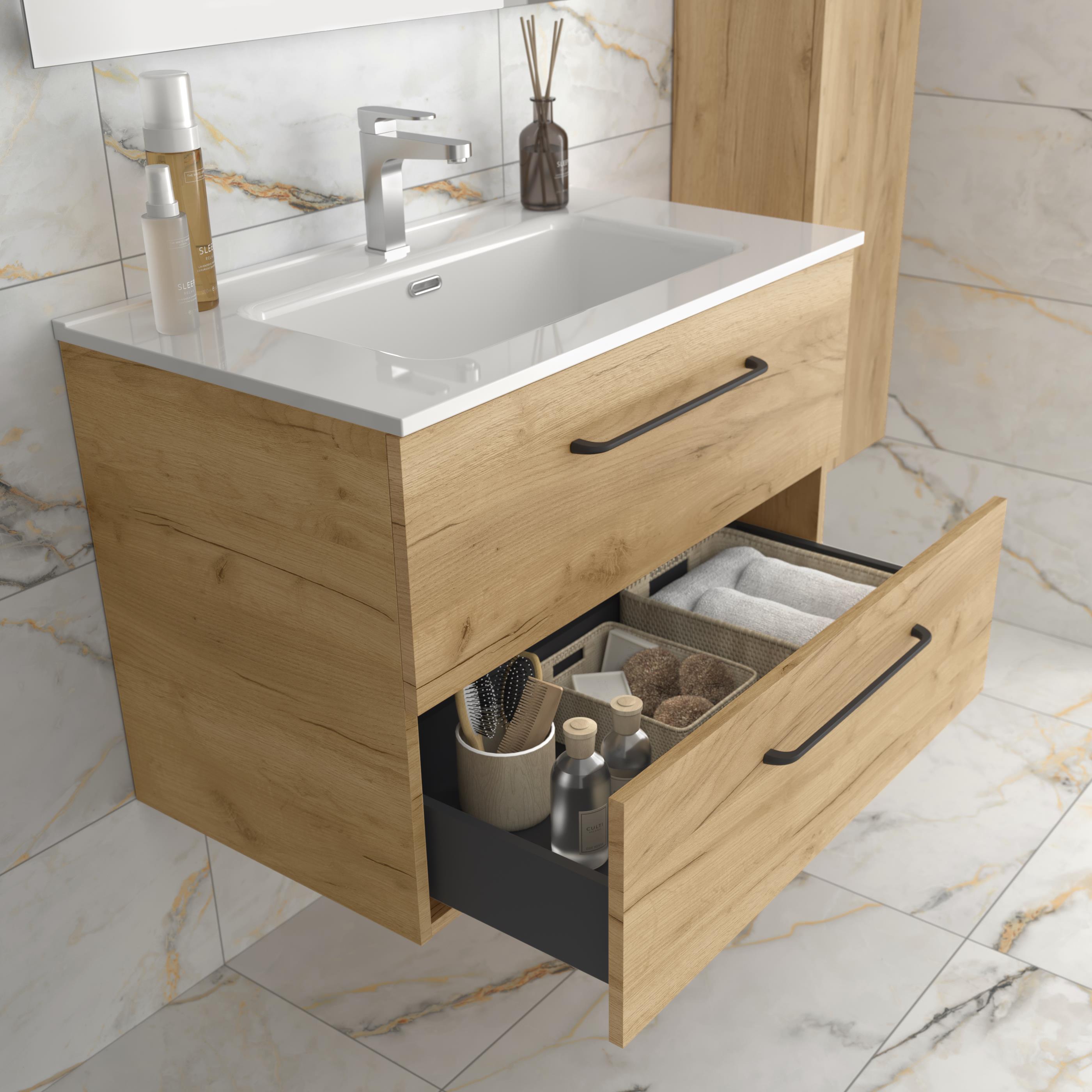 Imagen 3 de Mueble de baño con 2 cajones y Lavabo de porcelana Morai Salgar - Marrón 80 cm Marrón