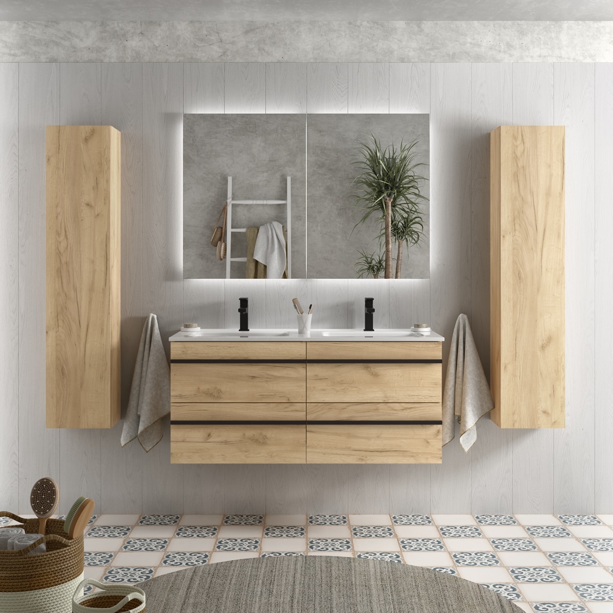 Imagen 2 de Mueble de baño con 4 cajones y lavabo de dos pozas Born Salgar - Marrón 120 cm Marrón