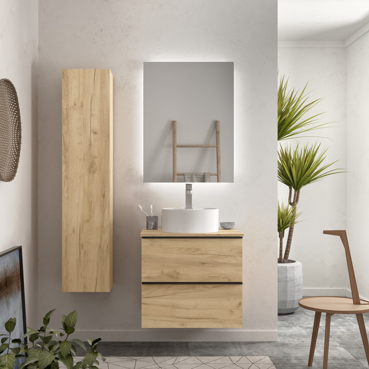 Imagen 2 de Mueble de baño con 2 cajones tirador de pestaña y lavabo sobre encimera Nabua Salgar - Roble 80 cm Roble