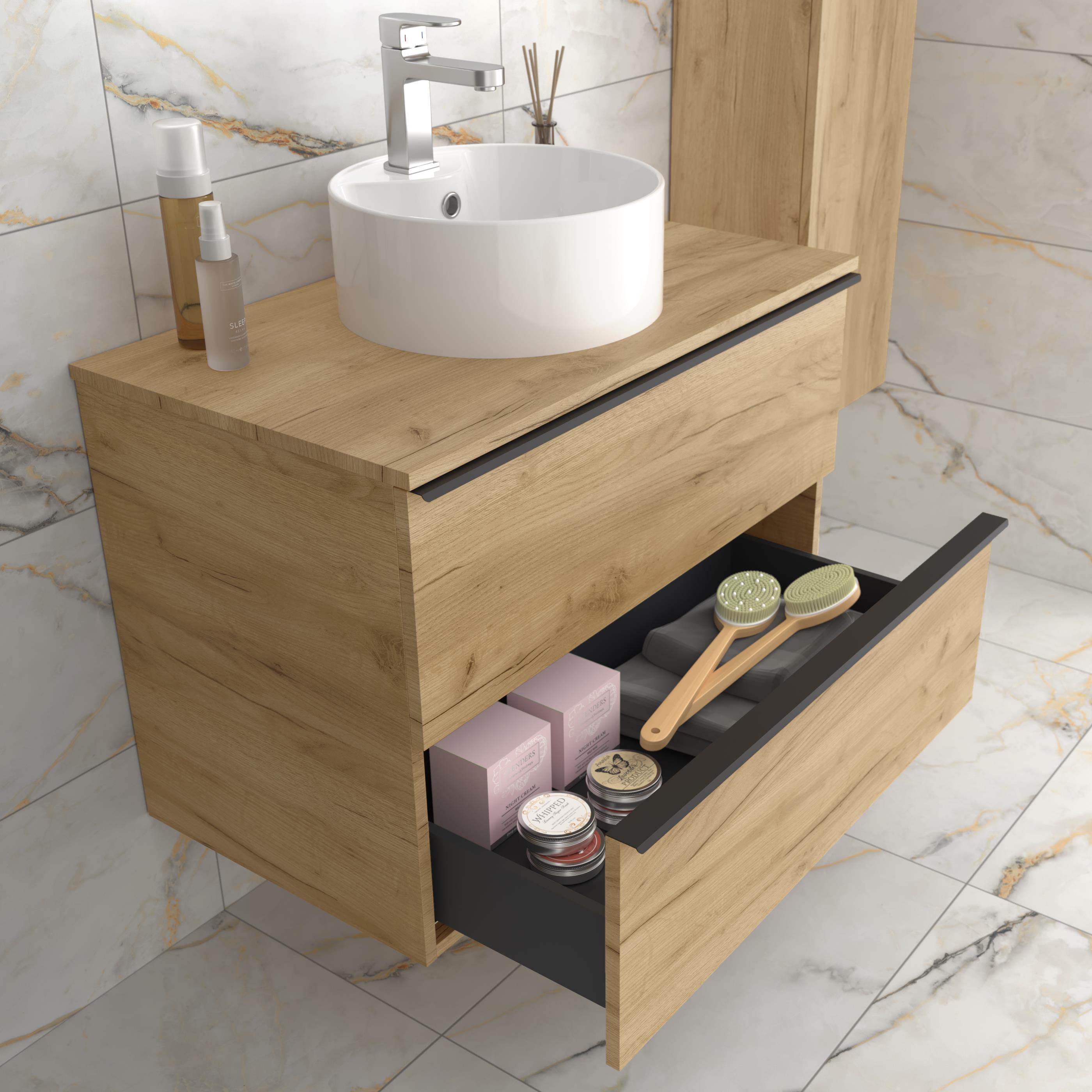 Imagen 3 de Mueble de baño con 2 cajones tirador de pestaña y lavabo sobre encimera Nabua Salgar - Roble 80 cm Roble